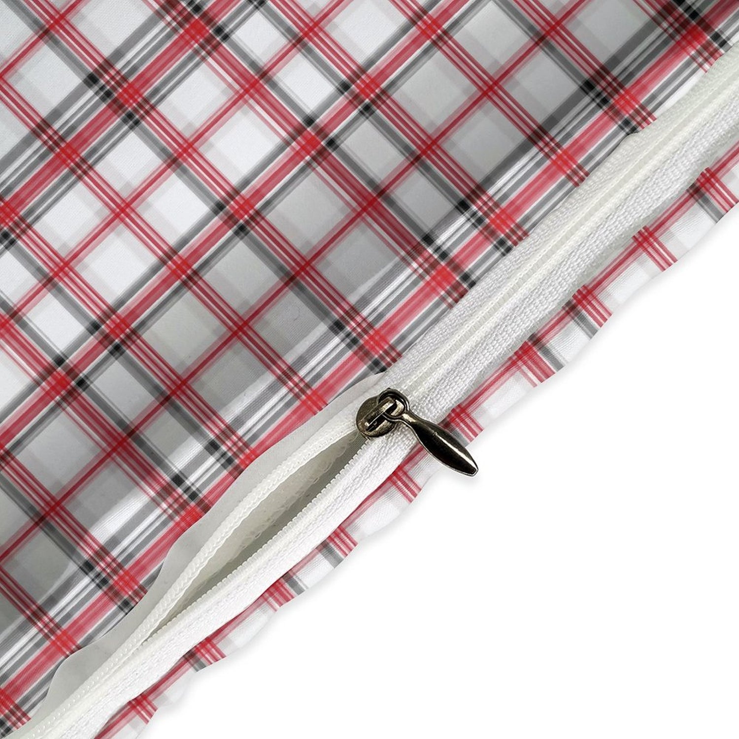 Plaid patterned fabric with a zipper on a white background