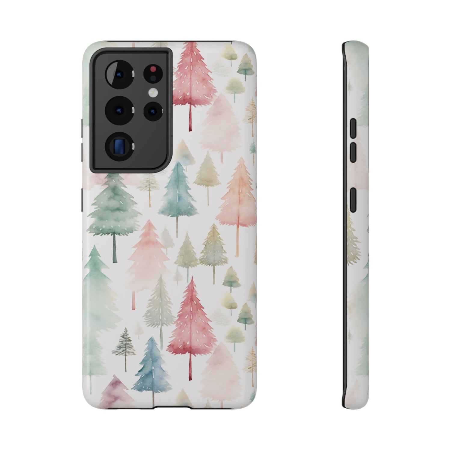 A phone case with a Christmas tree watercolor print, featuring a black plastic border and a wireless charging camera cut-out on the back.