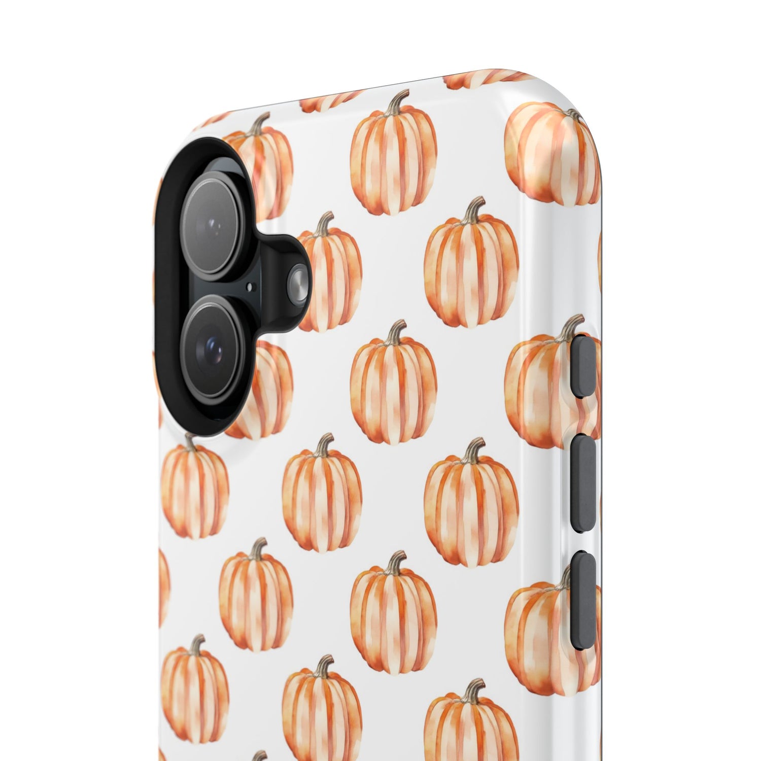A phone case with a pattern of pumpkins on a white background, featuring a camera cutout and a black border at the top.