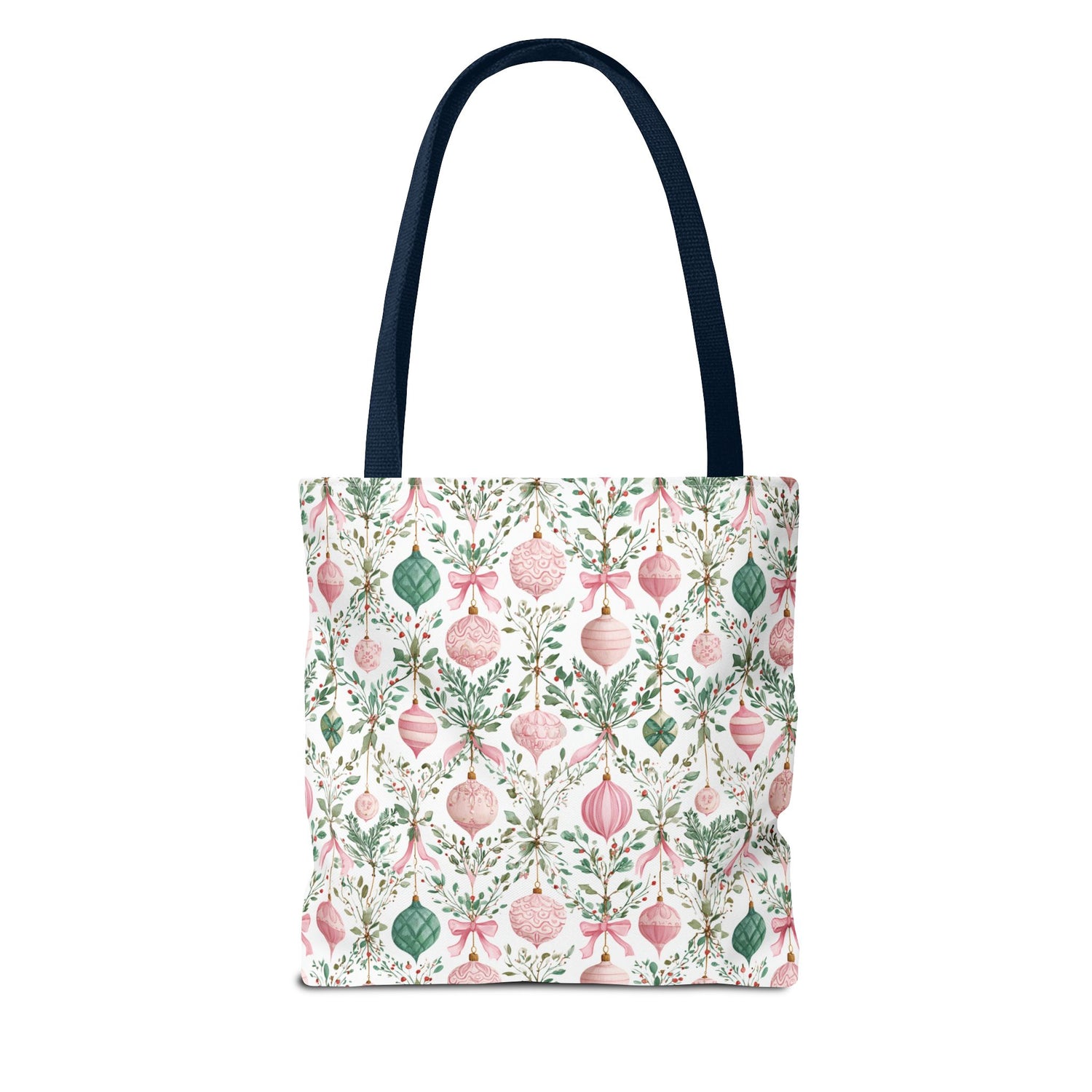 Tote bag with festive pattern featuring pink ornaments and green leaves on a white background