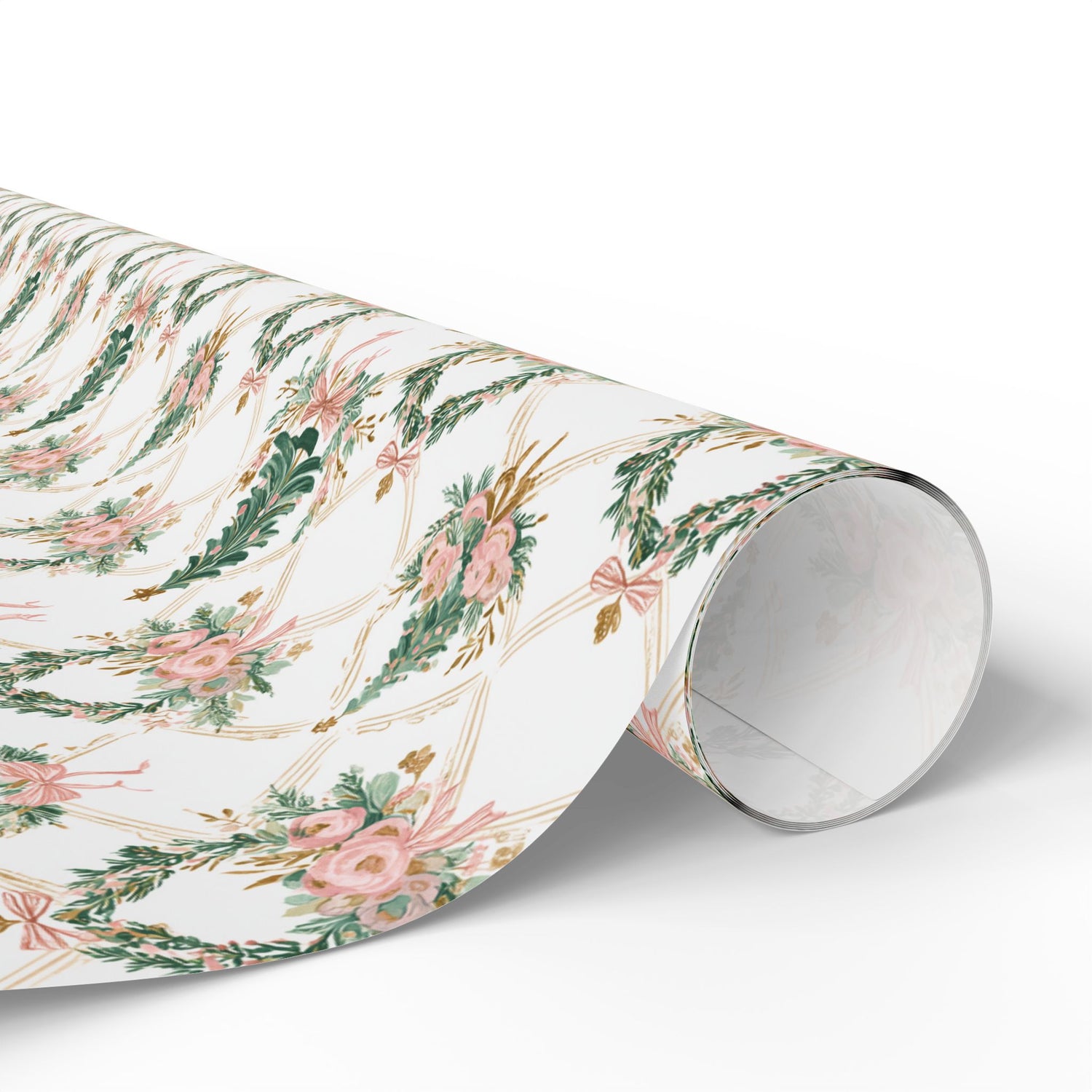 Roll of floral-patterned paper on a white background