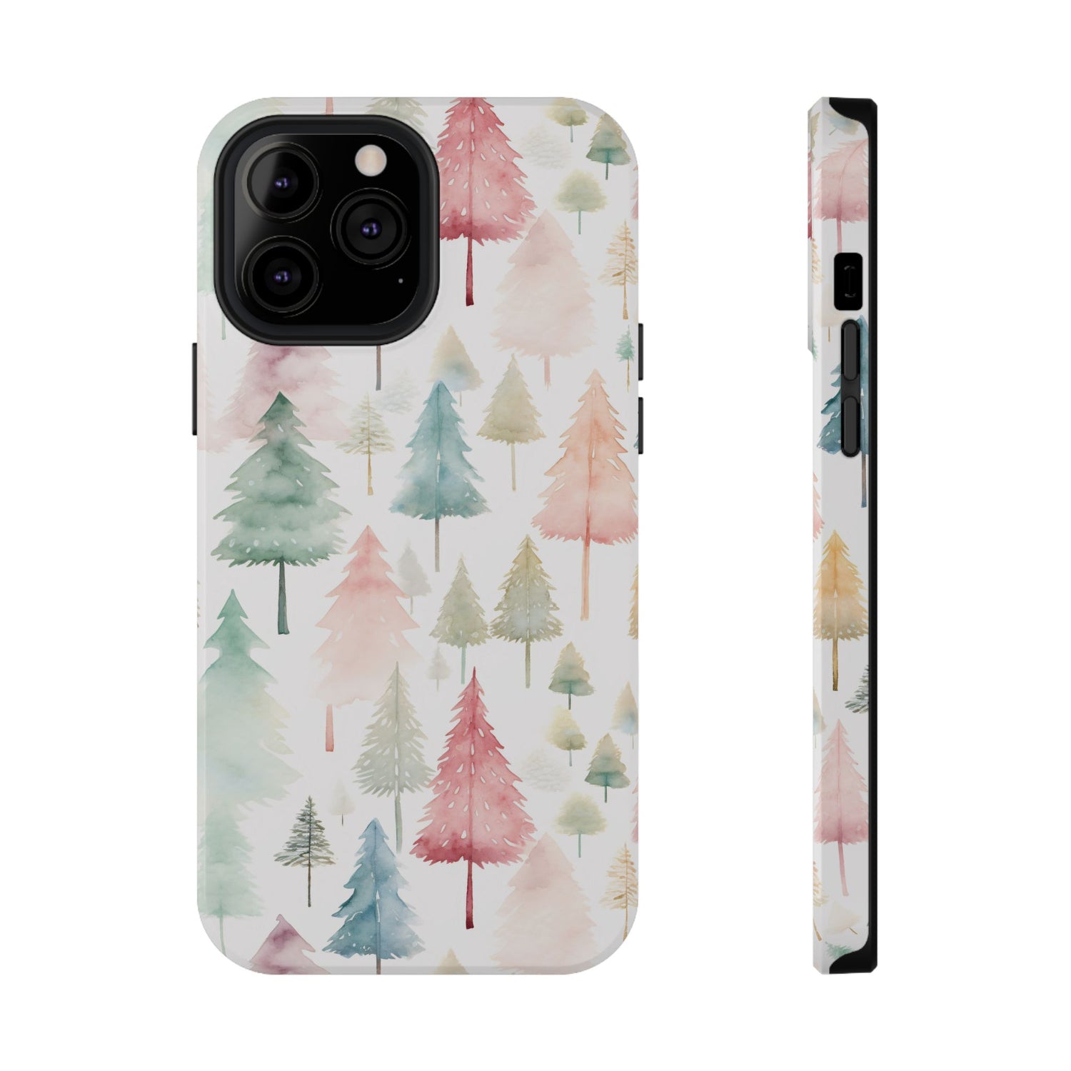 A phone case with a Christmas tree watercolor print, featuring a black plastic border and a wireless charging camera cut-out on the back.