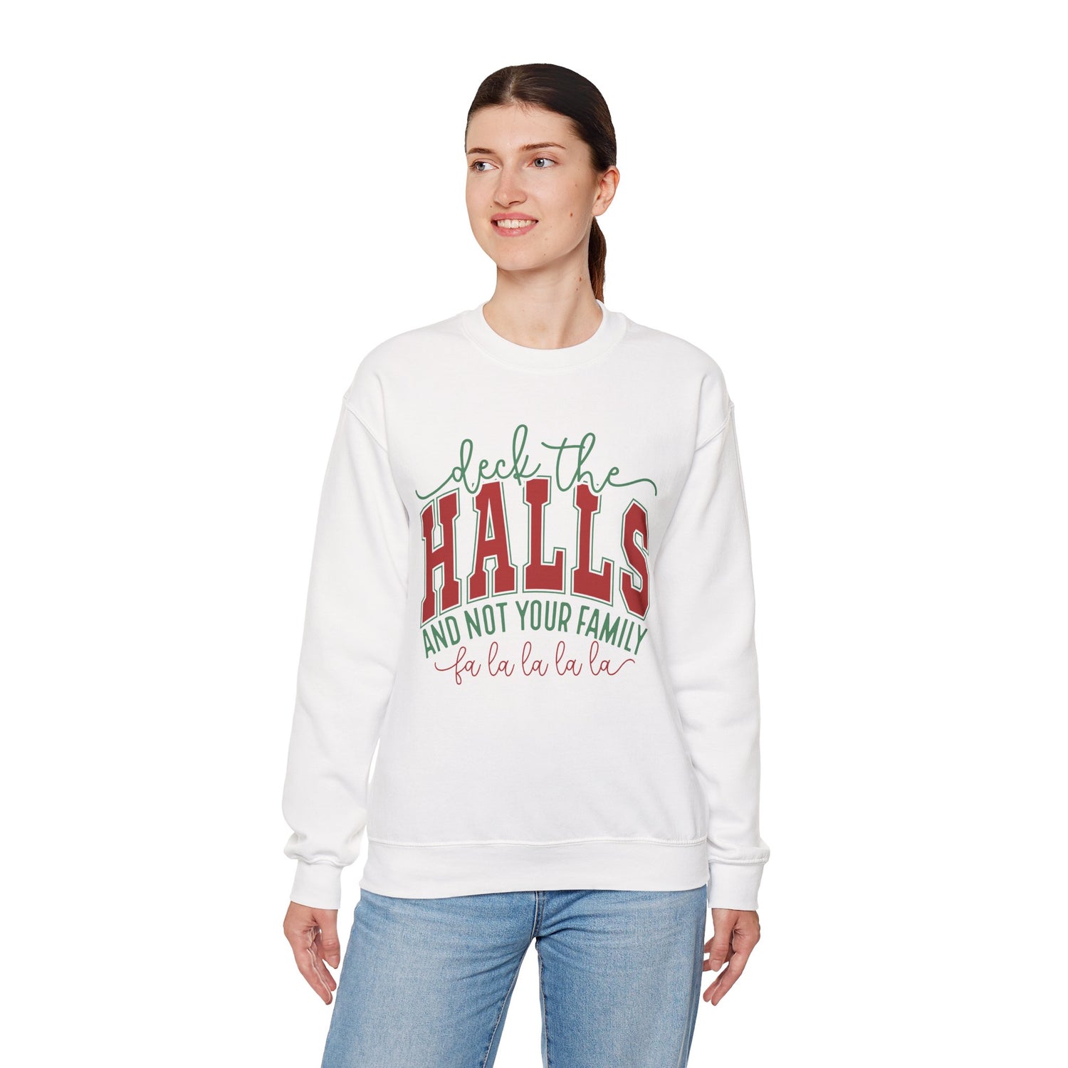 Woman wearing a white sweatshirt with festive text design on a white background