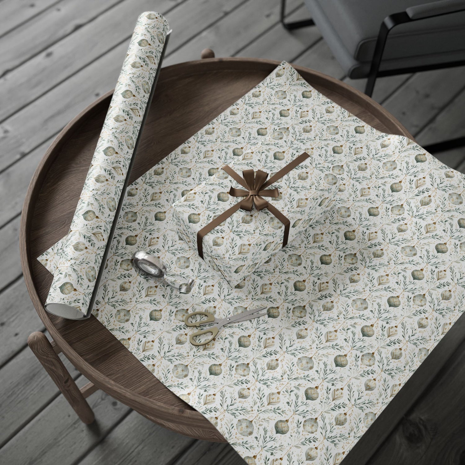 Premium Wrapping Paper – Green Gold Ornaments