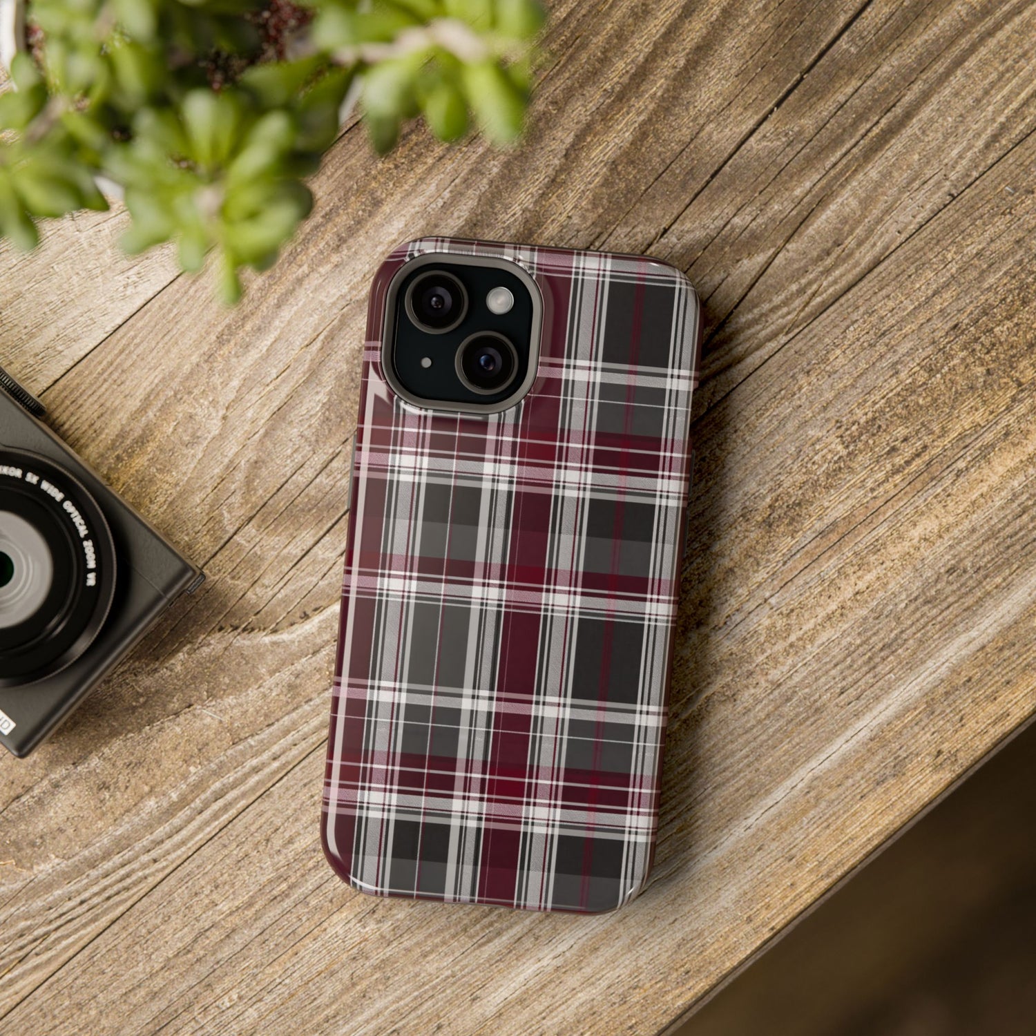 Stylish Plaid Impact-Resistant Phone Cases- Maroon Grey Plaid