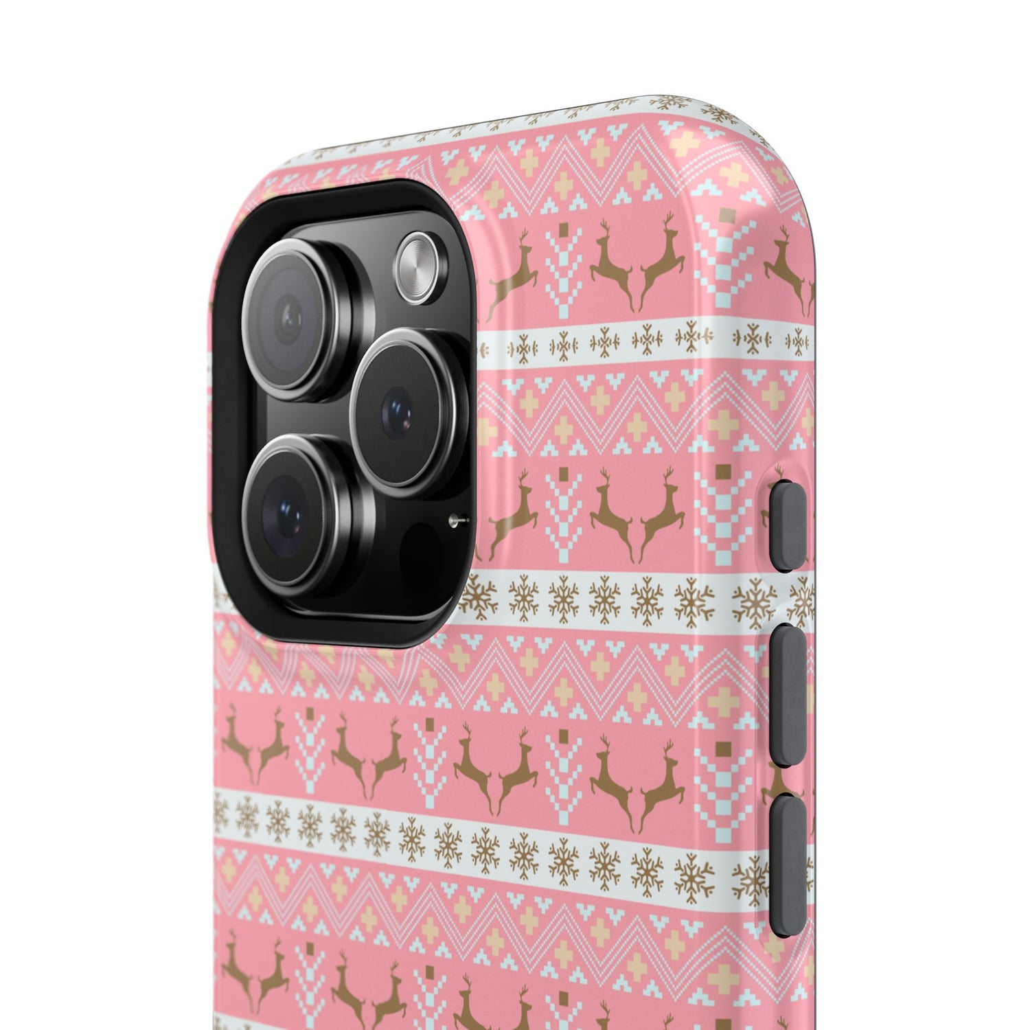 A pink Christmas-themed phone case with a pattern of deer antlers and stars, featuring a black removable TPU inner layer.