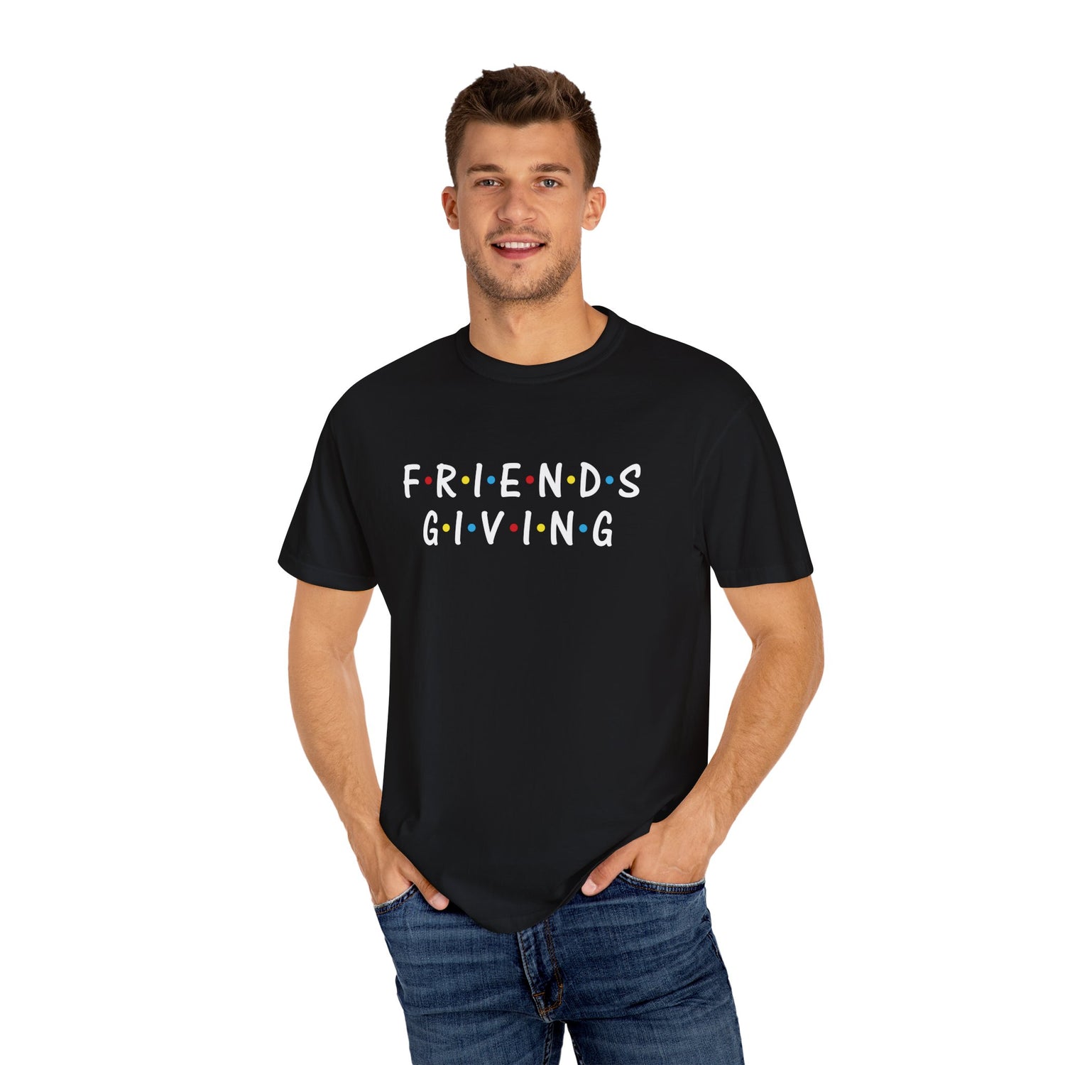 Man wearing a black t-shirt with 'FRIENDS GIVING' text on a white background