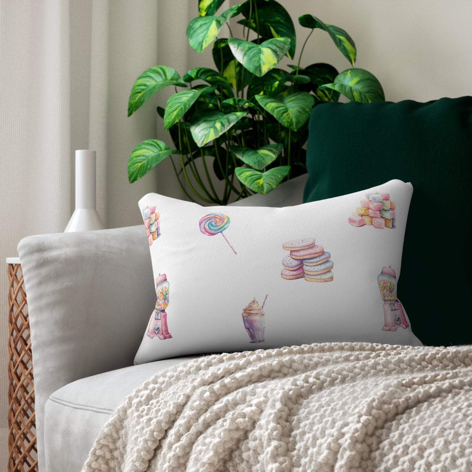 Spun Polyester Lumbar Pillow with Removable Cover Watercolor Candy Land Pink White