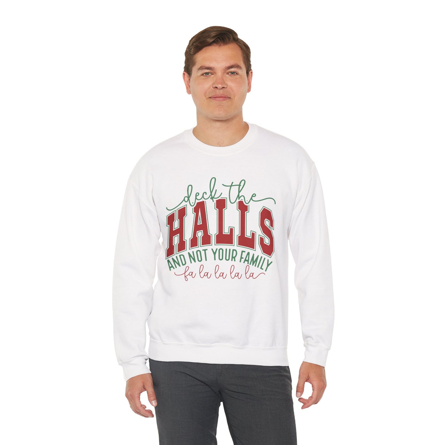 Person wearing a white sweatshirt with Christmas-themed text on a white background