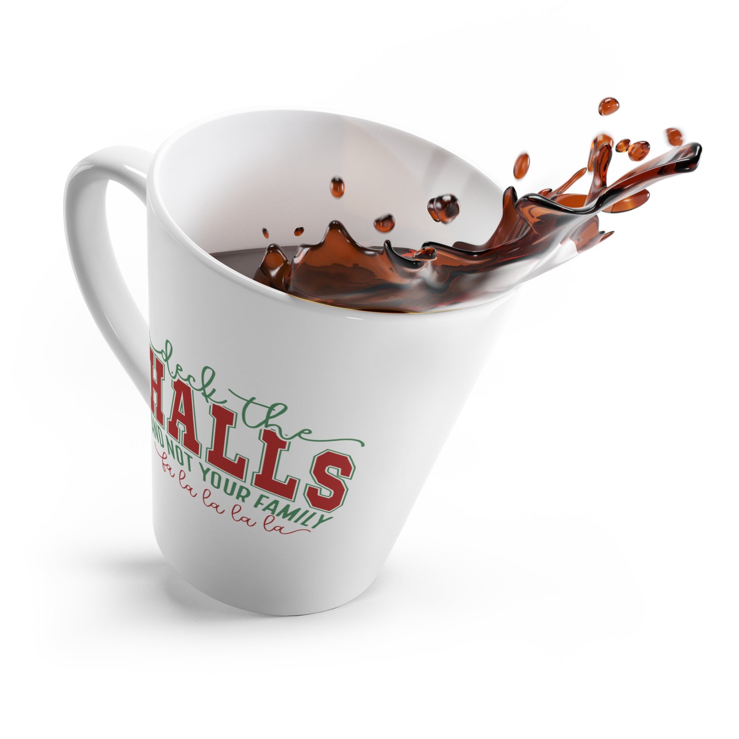 White mug with a Christmas-themed design and splashing coffee
