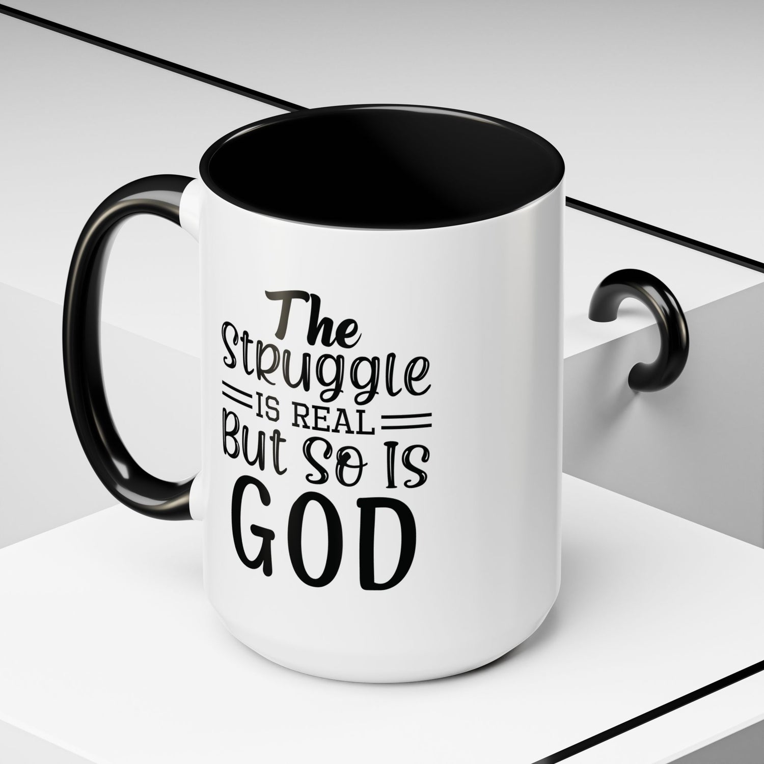 Faith-Inspired Accent Coffee Mug - "The Struggle Is Real But So Is God" - Inspirational Quotes, Gift for Her, Daily Motivation, 11oz, 15oz
