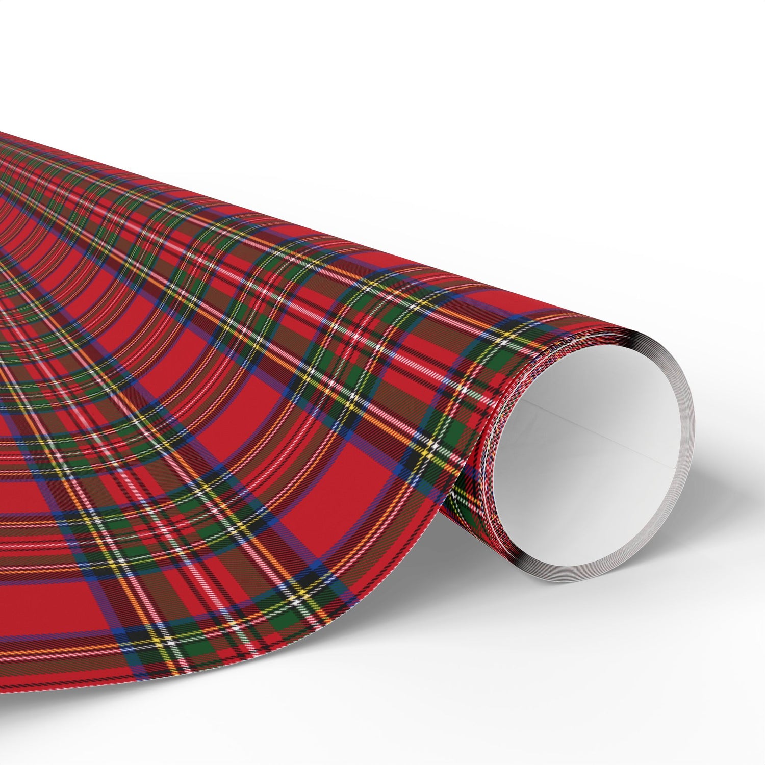 Roll of red plaid wrapping paper on a white background
