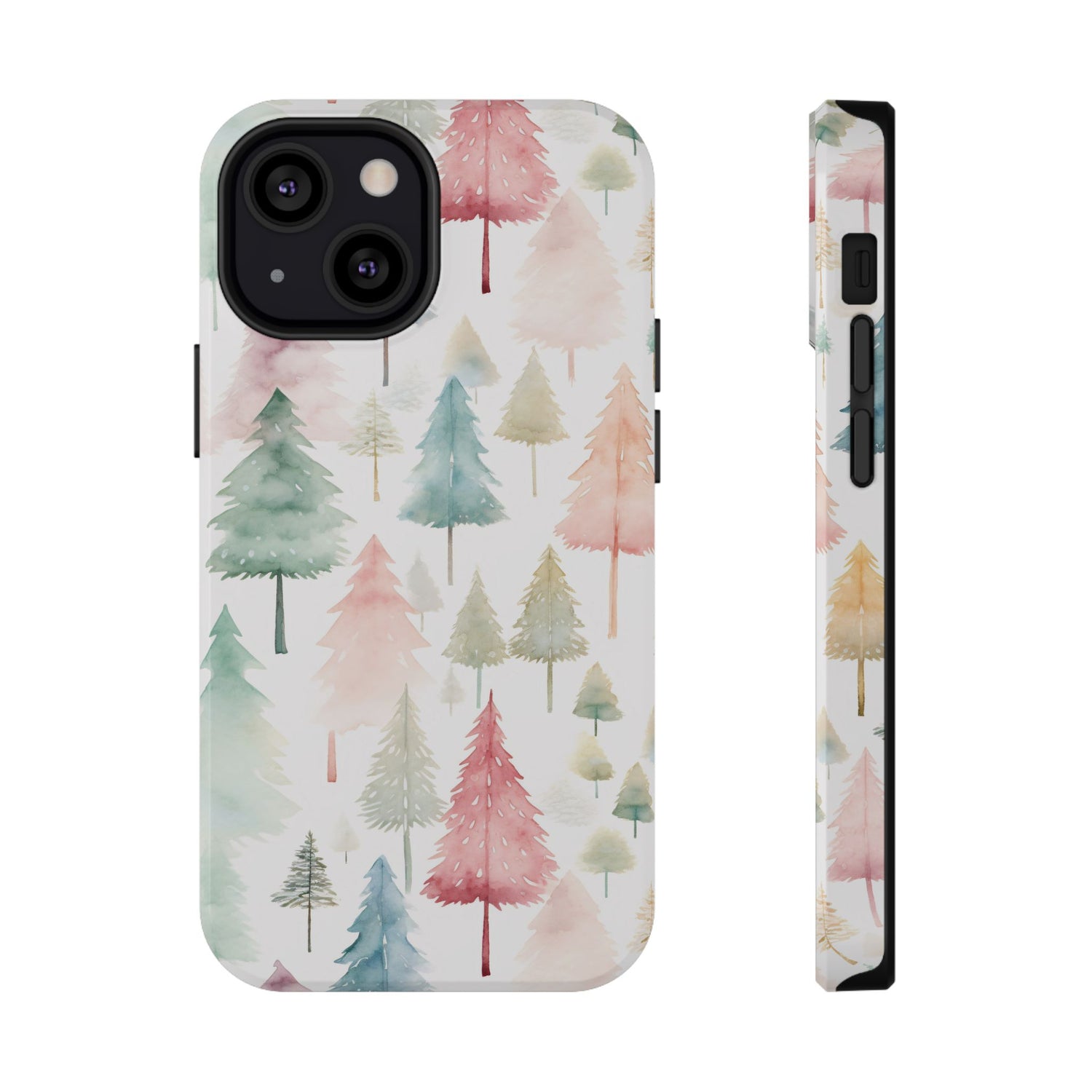 A phone case with a Christmas tree watercolor print, featuring a black plastic border and a wireless charging camera cut-out on the back.