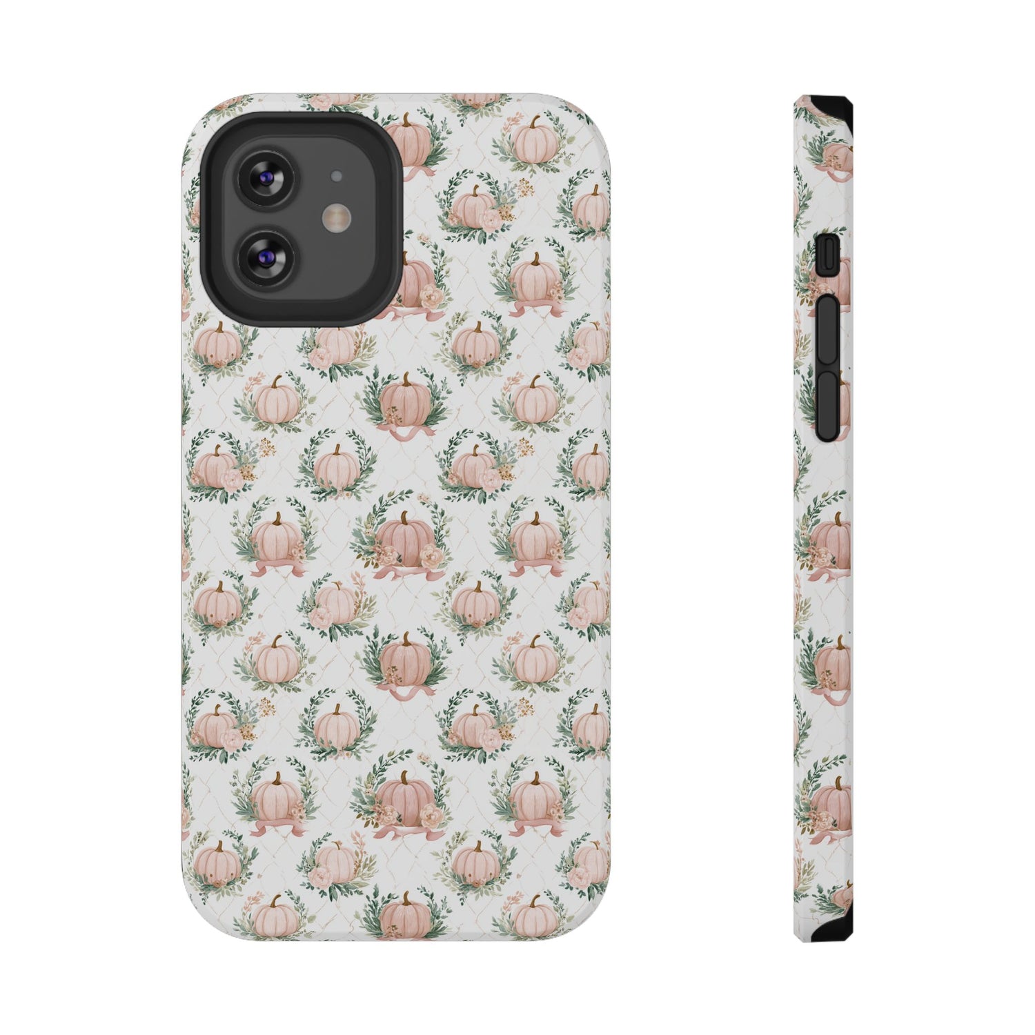 Phone case with pumpkin and leaf pattern on a light background