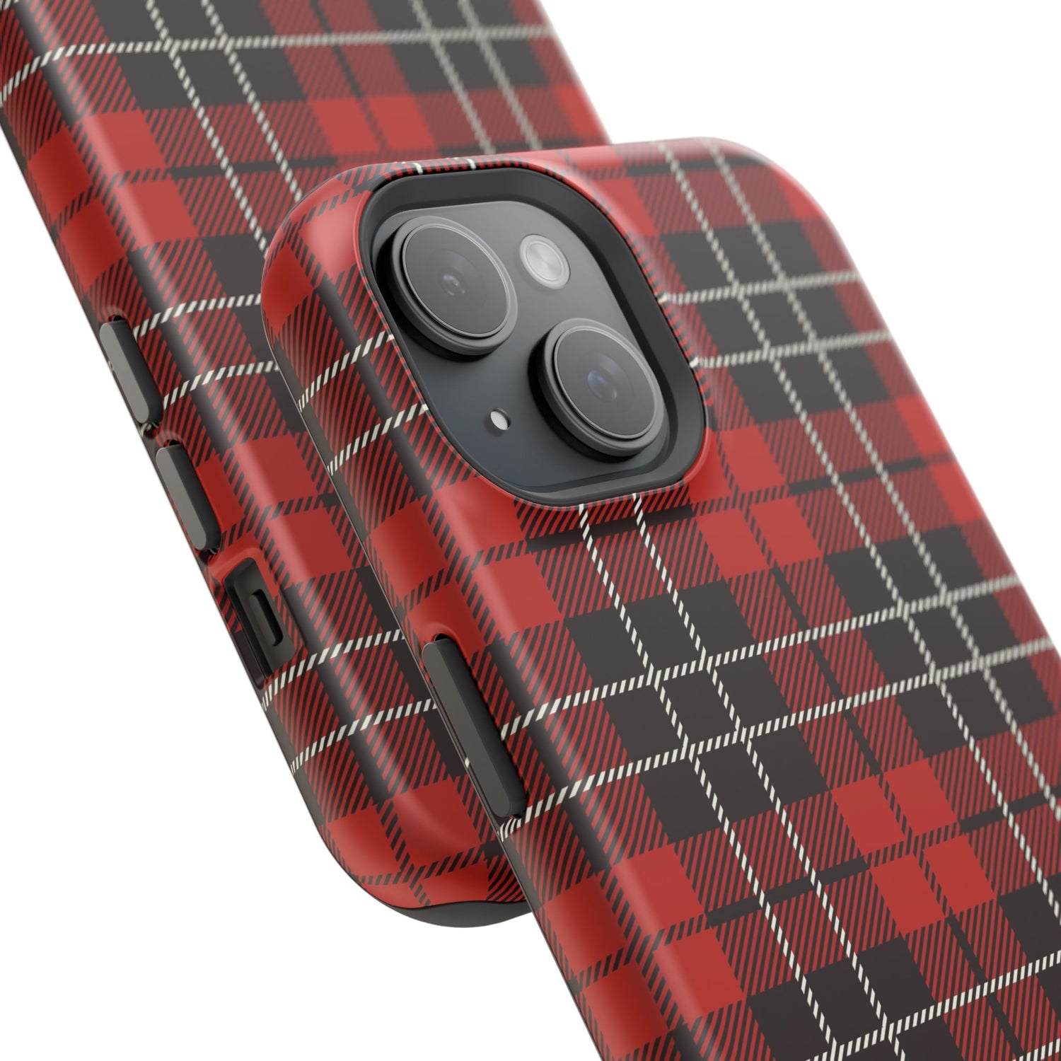 A red and black checkered phone case with a camera module on the back, supporting wireless charging.