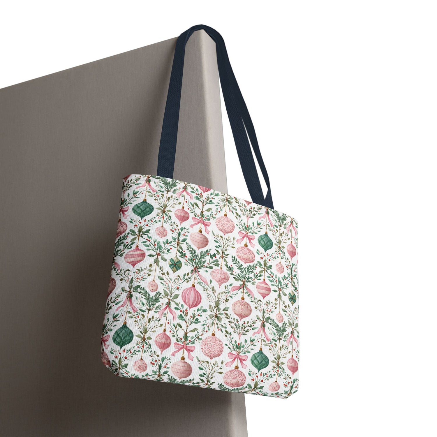 Festive Holiday Tote Bag- Pink Green Ornaments