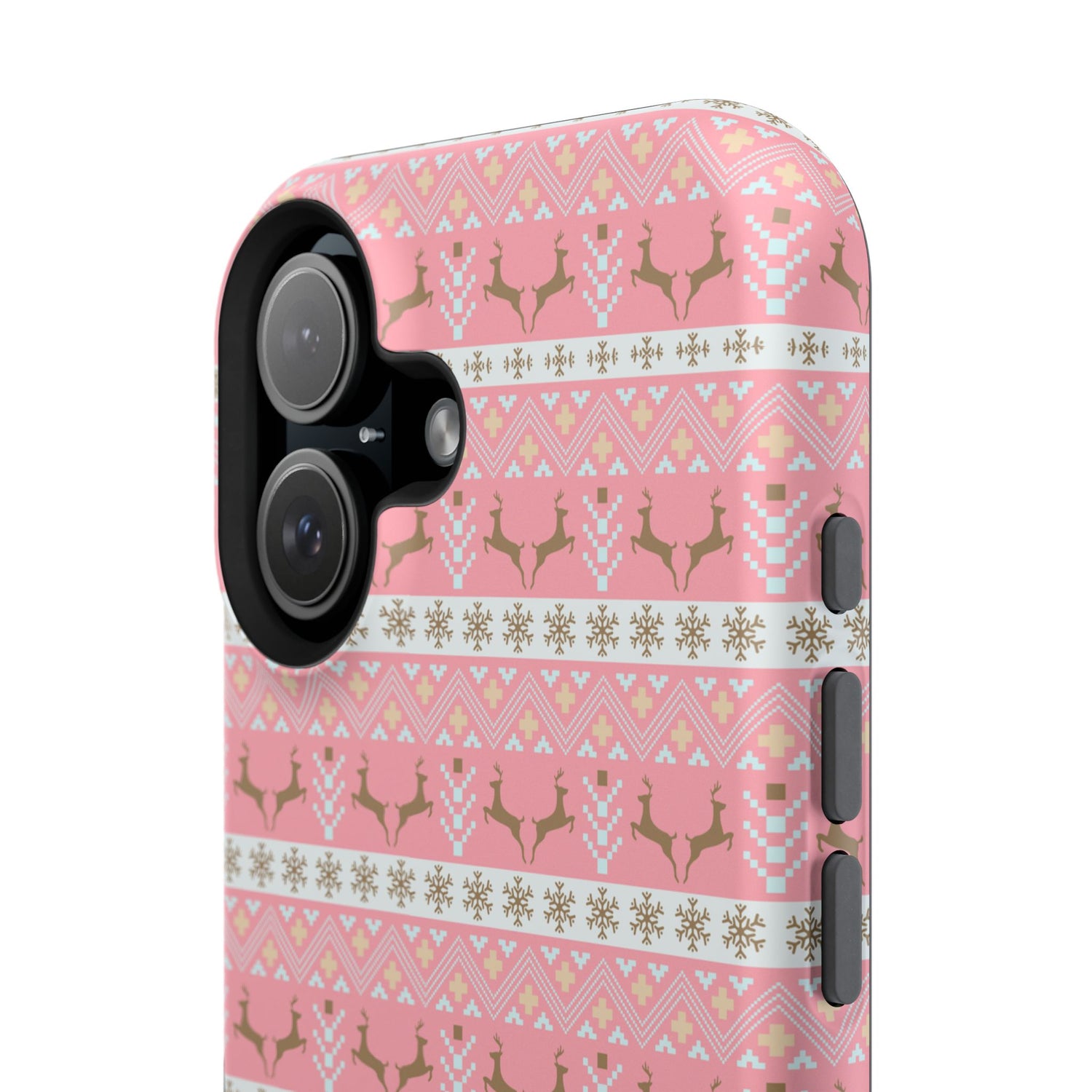 A pink Christmas-themed phone case with a pattern of deer antlers and stars, featuring a black removable TPU inner layer.