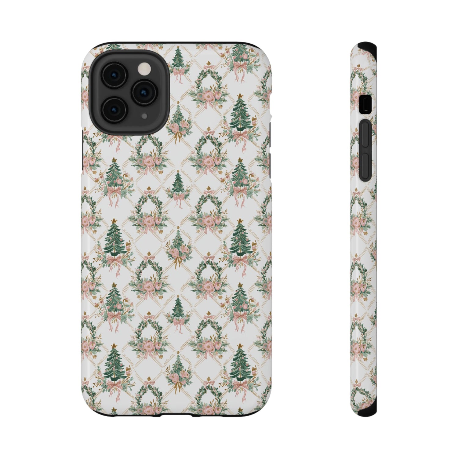 Phone case with Christmas tree and wreath pattern on a white background