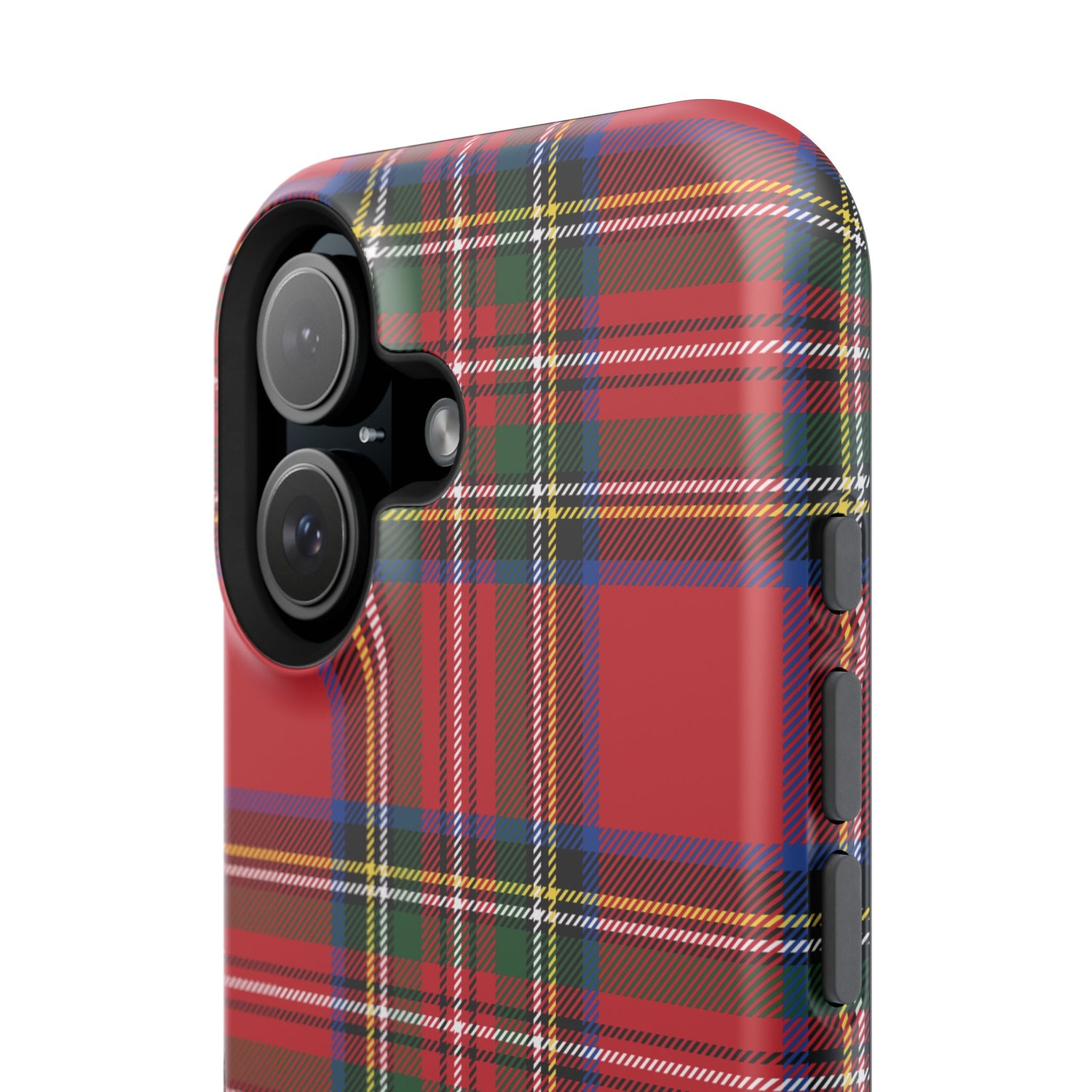 A red and green plaid patterned plastic phone case with a camera module on the back and a glossy finish.