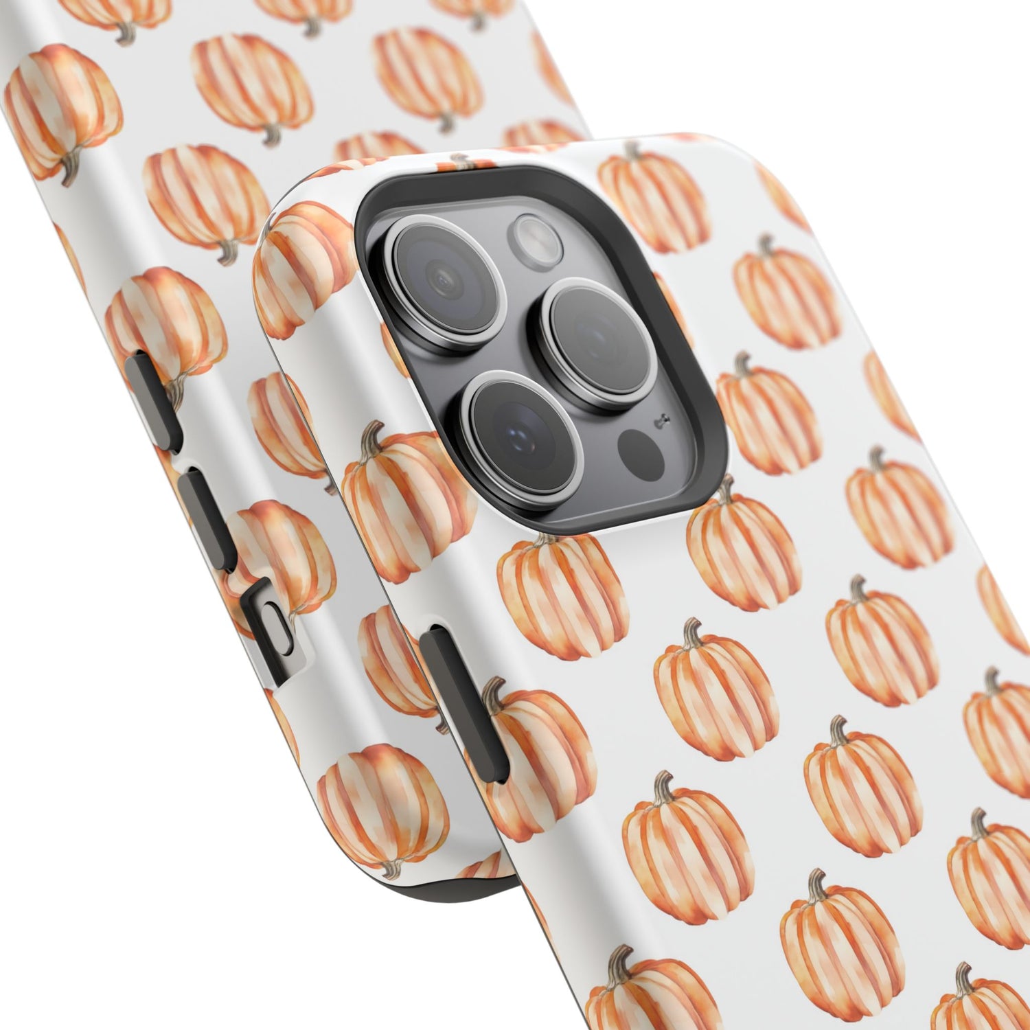 A phone case with a pattern of pumpkins on a white background, featuring a camera cutout and a black border at the top.