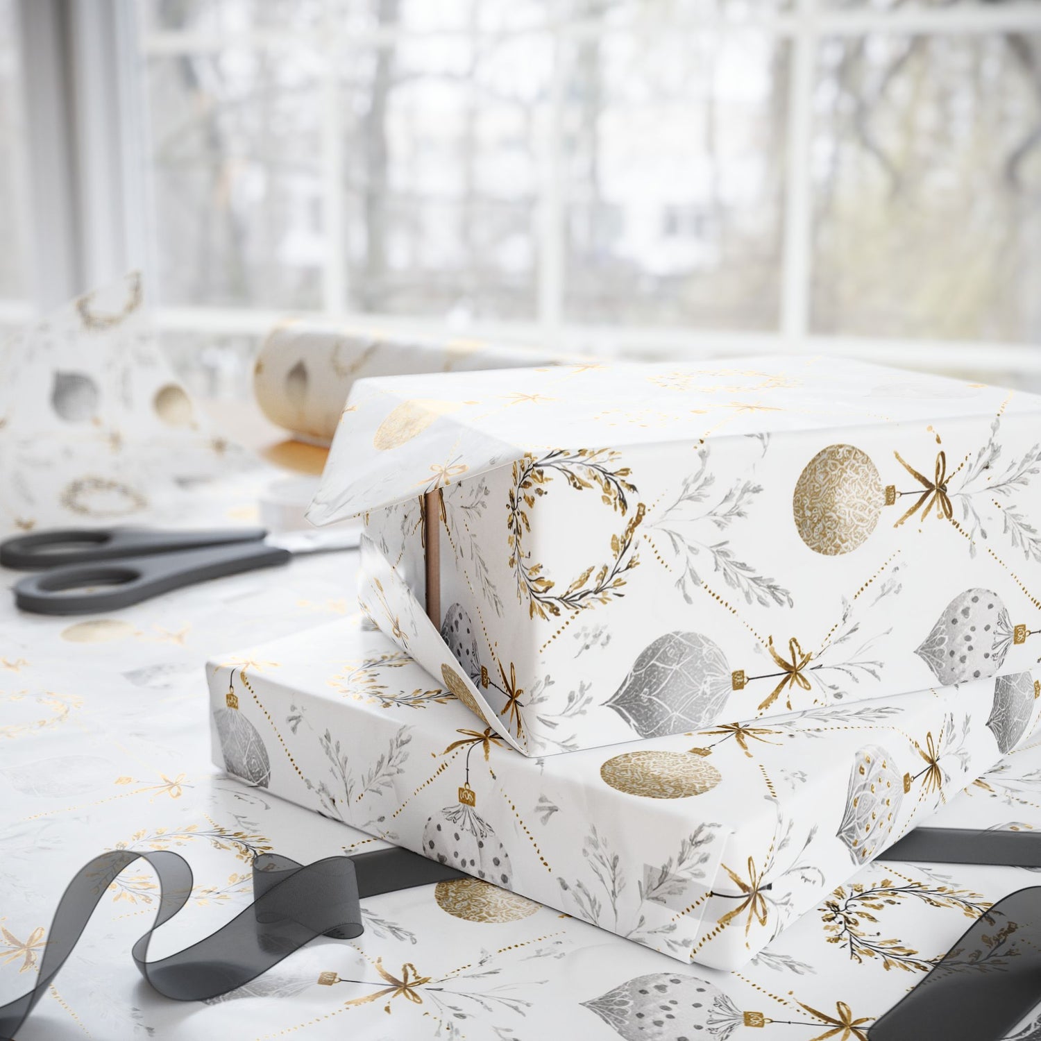Premium Holiday Wrapping Paper, Silver and Gold Ornaments