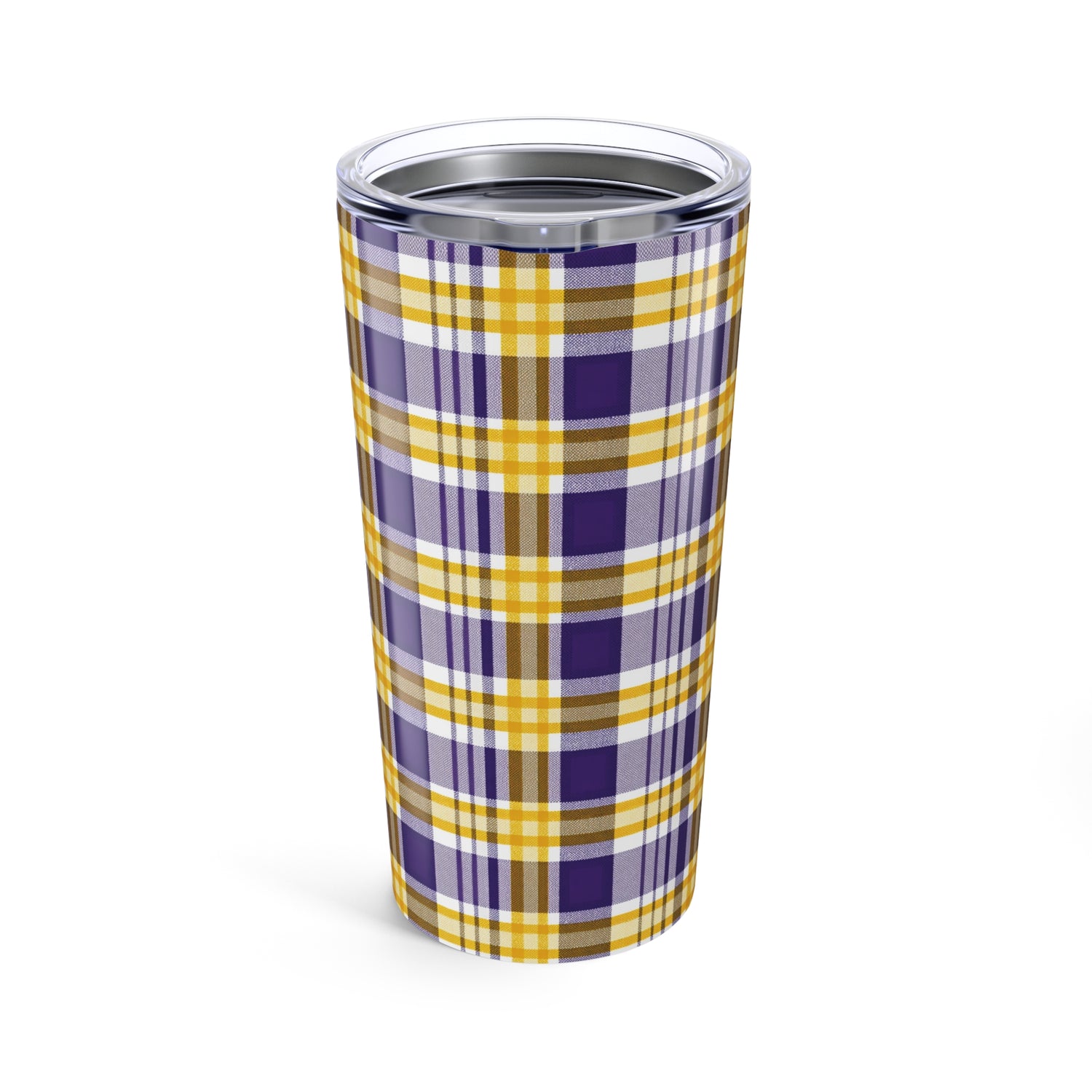 Tumbler with purple and yellow plaid pattern on a white background