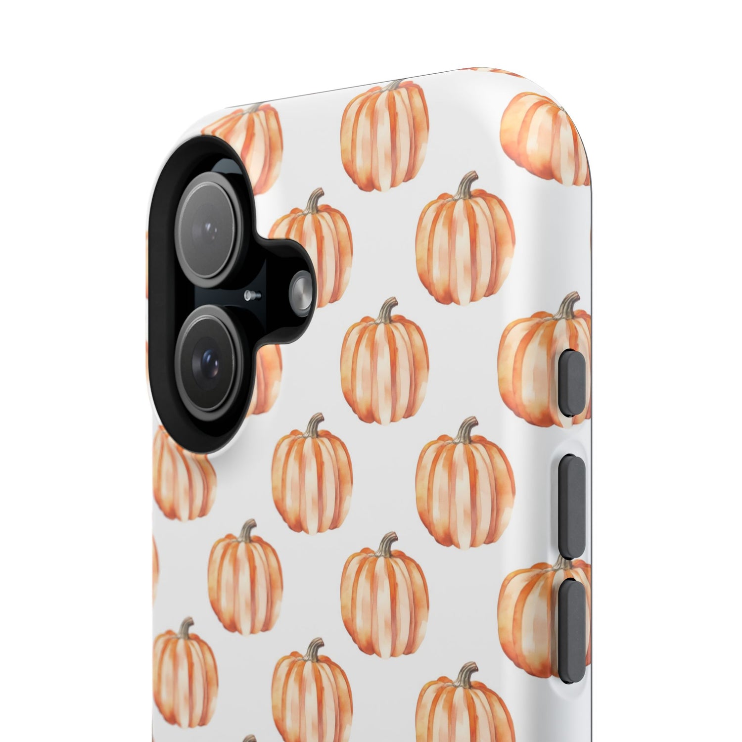 A phone case with a pattern of pumpkins on a white background, featuring a camera cutout and a black border at the top.