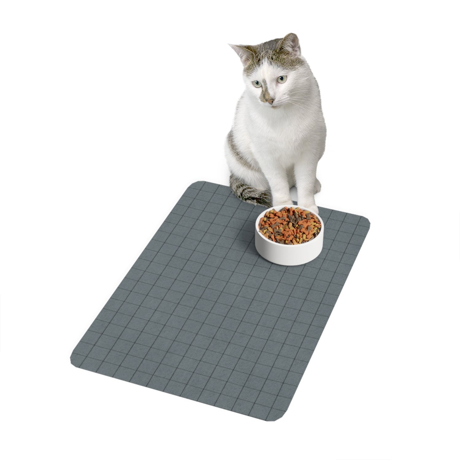 Pet Food Mat- Blue Black Grid Design