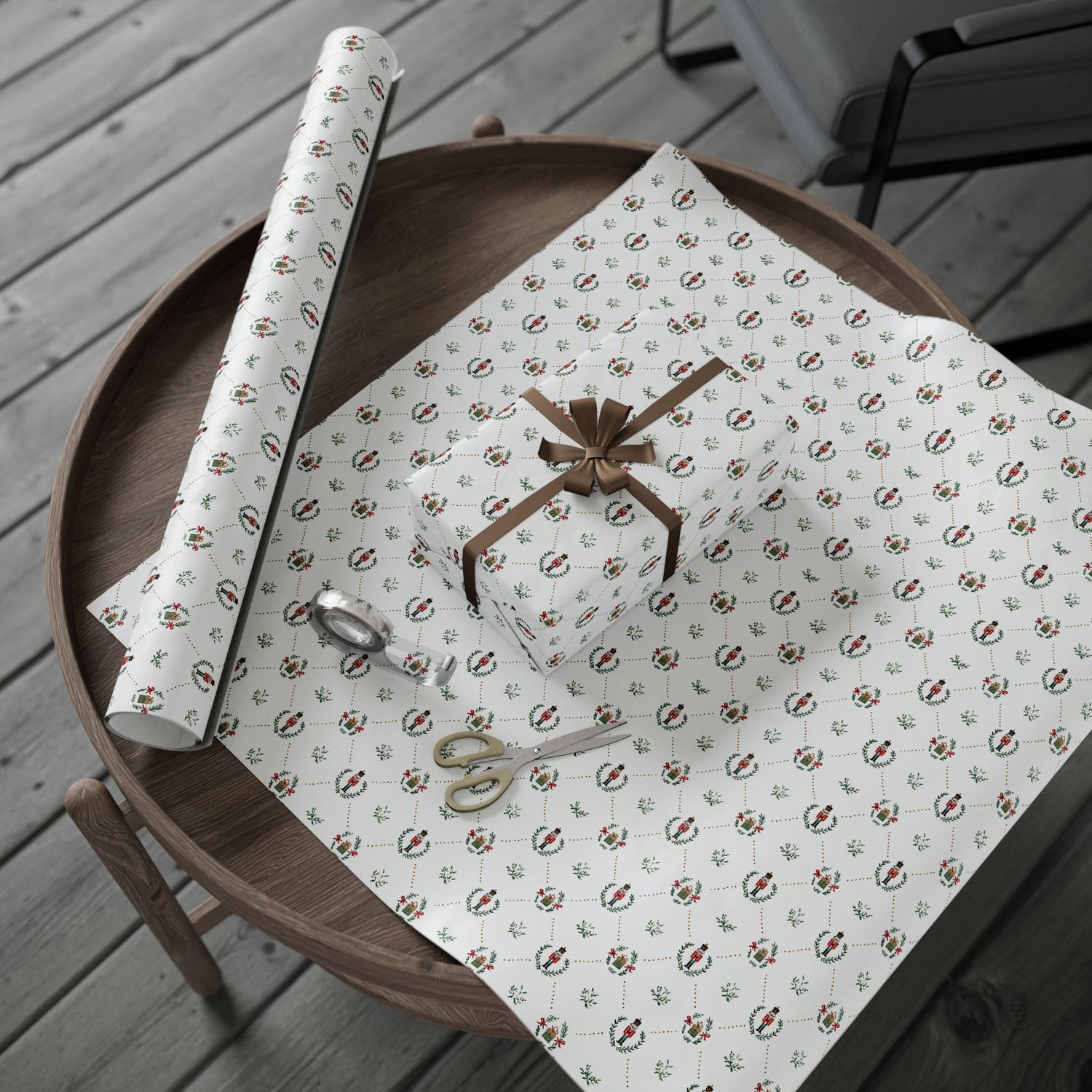 Gift wrap with a bow on a wooden table