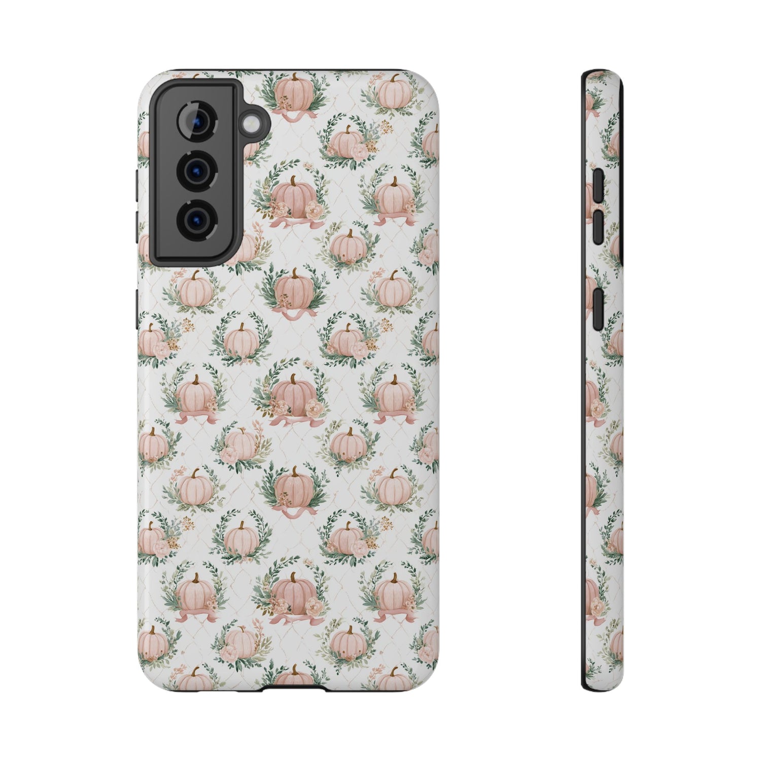 Phone case with pumpkin and leaf pattern on a white background