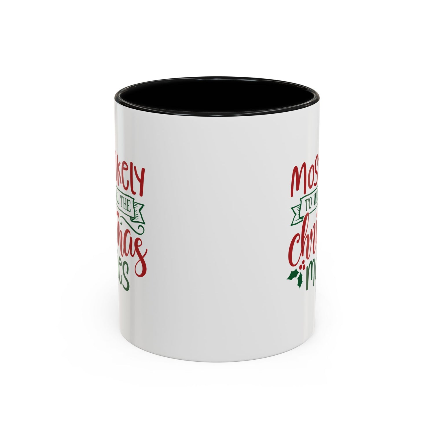 White mug with black interior and Christmas-themed text on a white background