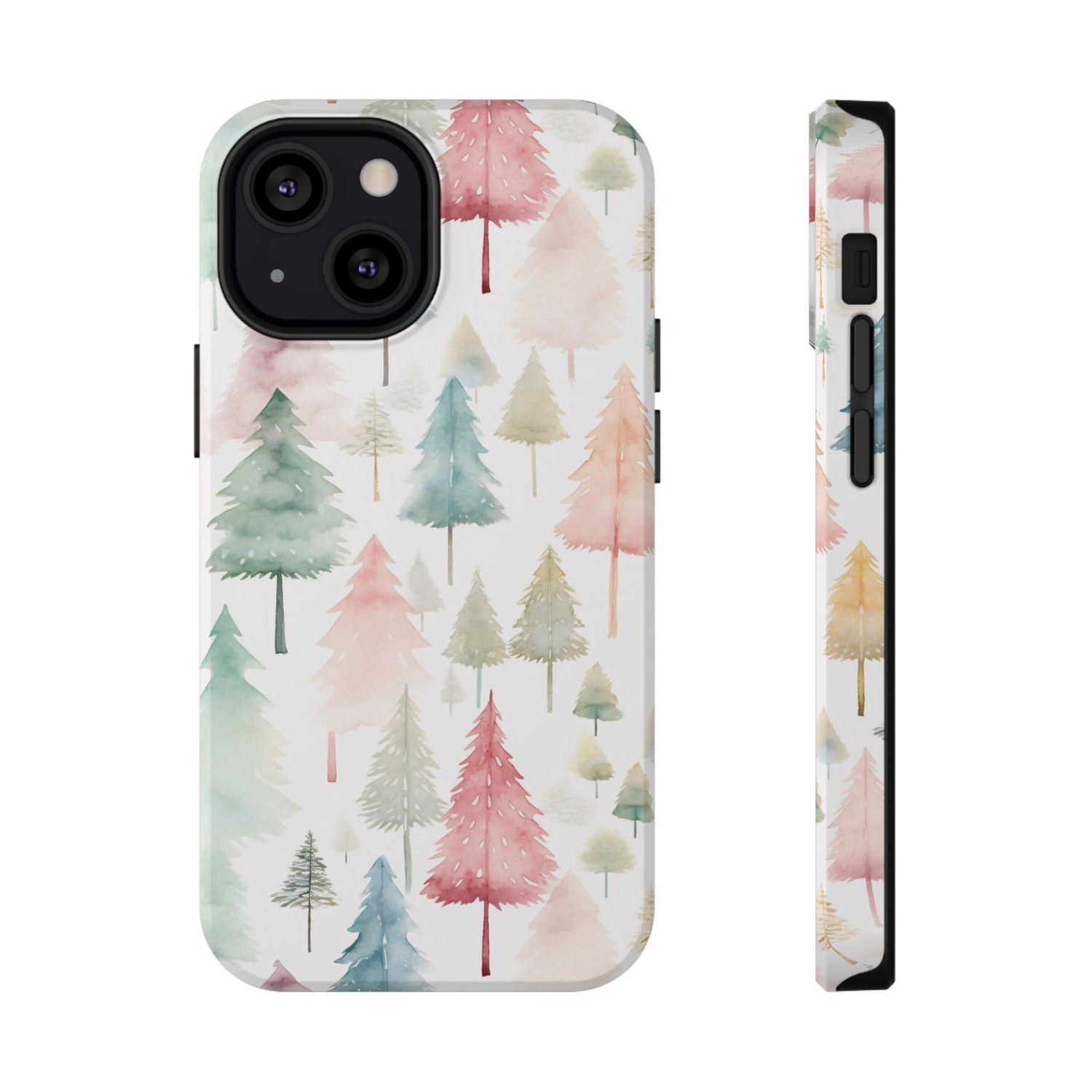 A phone case with a Christmas tree watercolor print, featuring a black plastic border and a wireless charging camera cut-out on the back.