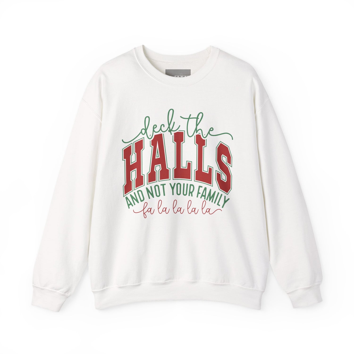 White sweatshirt with Christmas-themed text on a white background