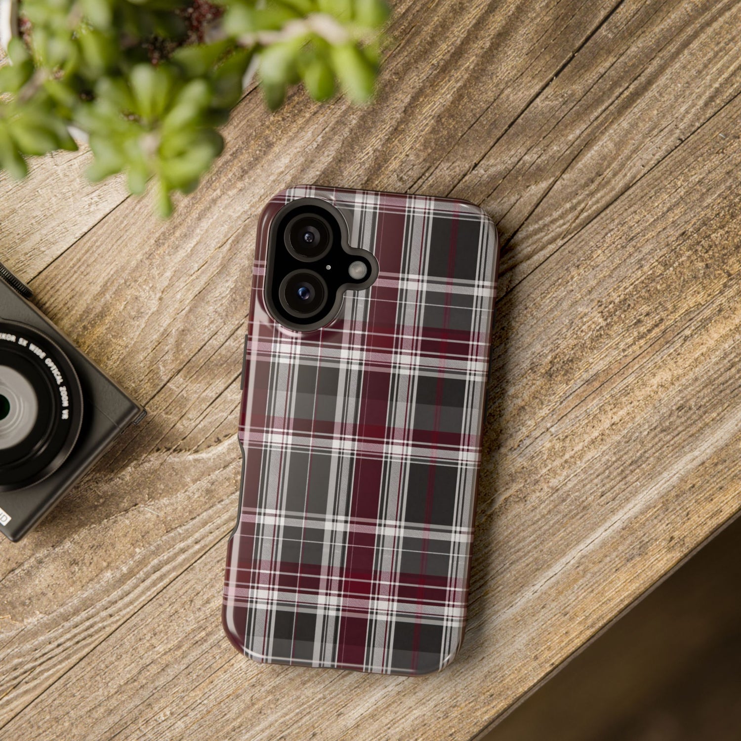 Stylish Plaid Impact-Resistant Phone Cases- Maroon Grey Plaid