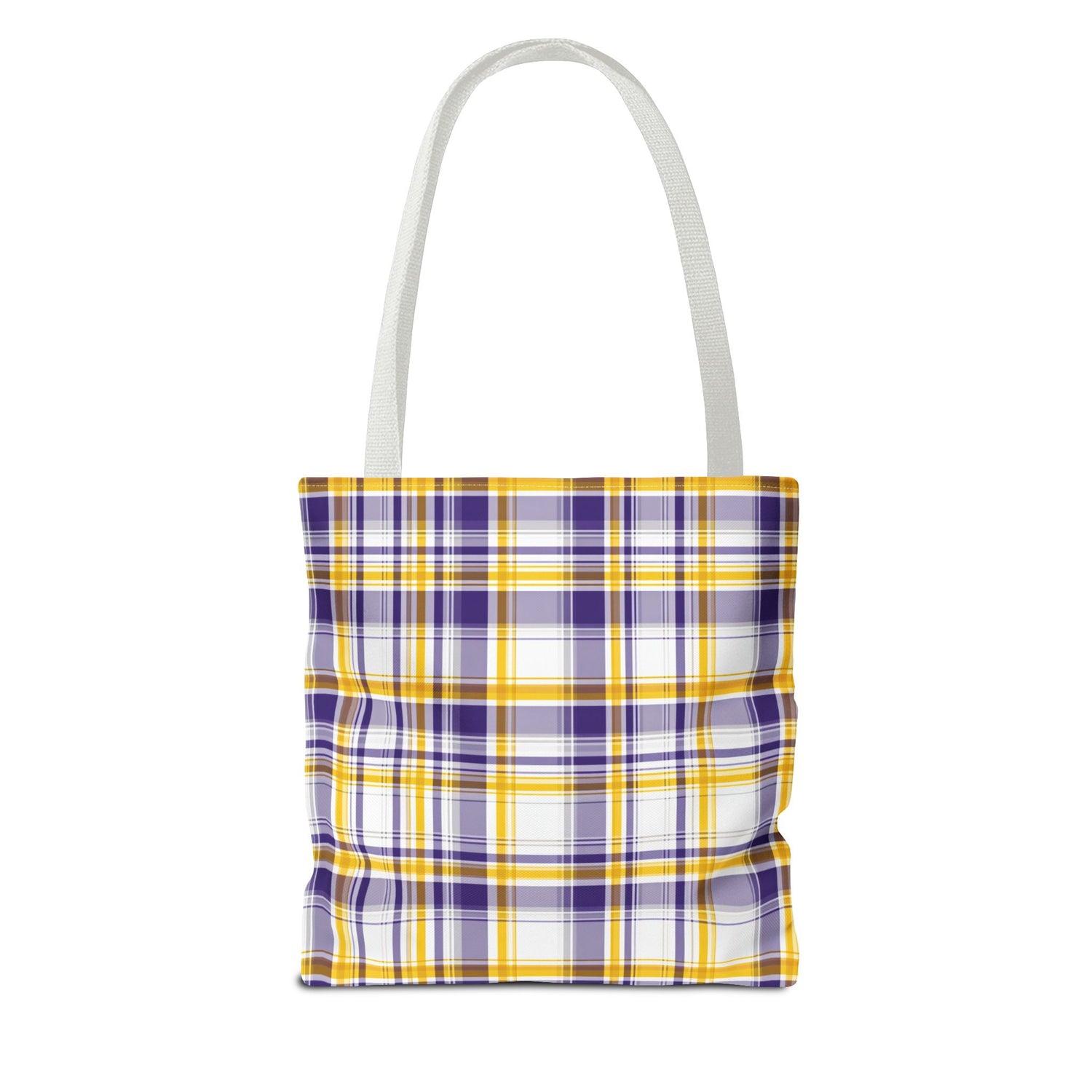 Plaid tote bag with purple, yellow, and white pattern on a white background