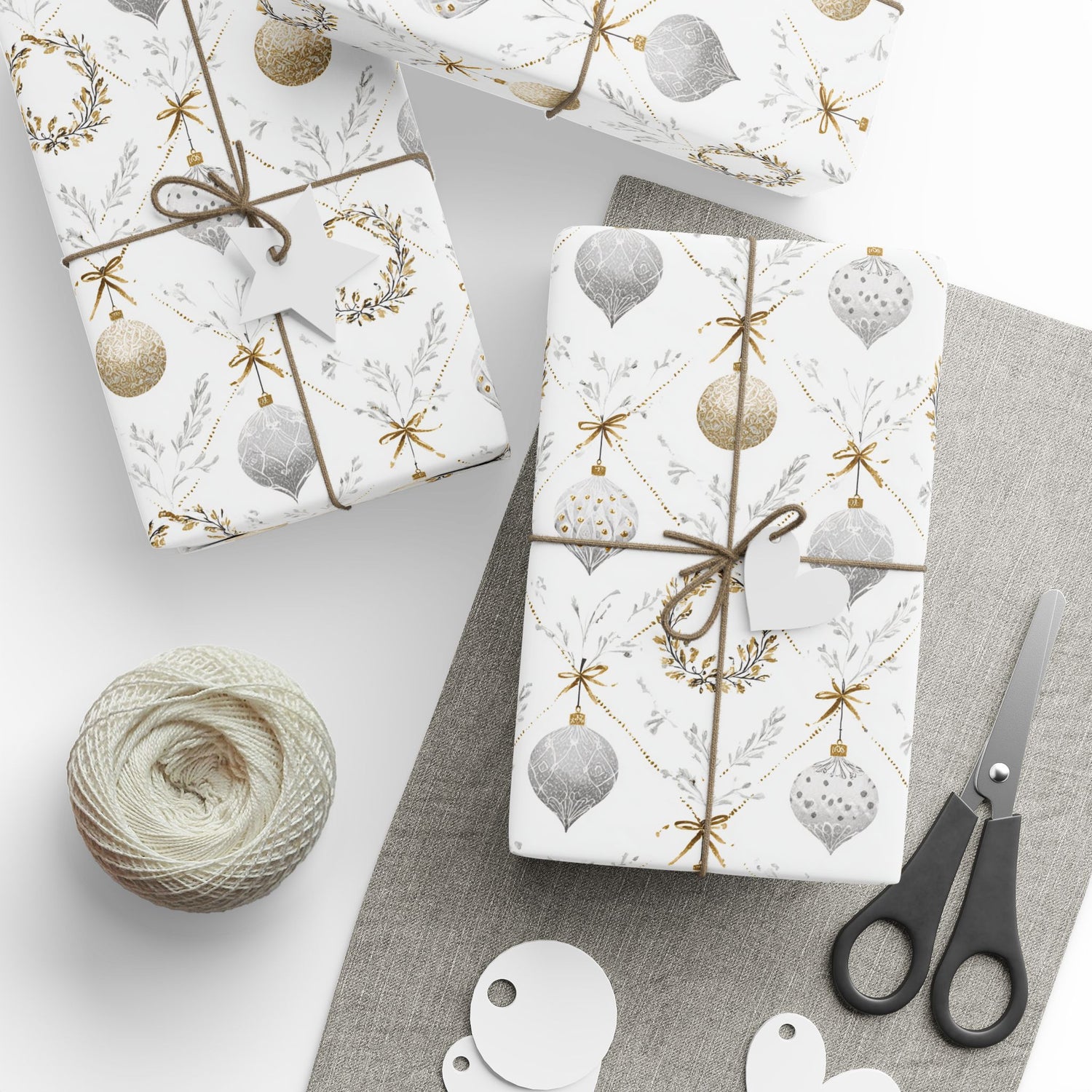 Premium Holiday Wrapping Paper, Silver and Gold Ornaments