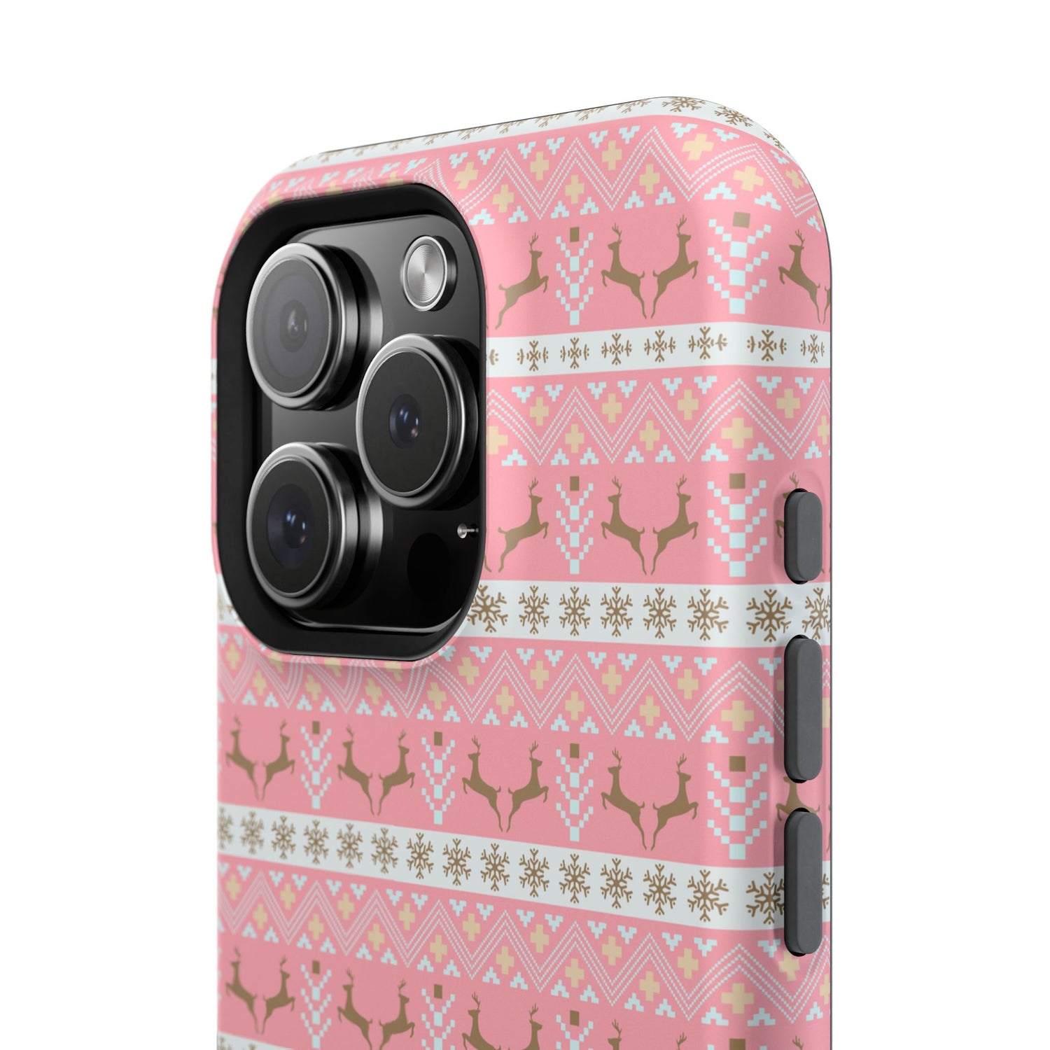 A pink Christmas-themed phone case with a pattern of deer antlers and stars, featuring a black removable TPU inner layer.