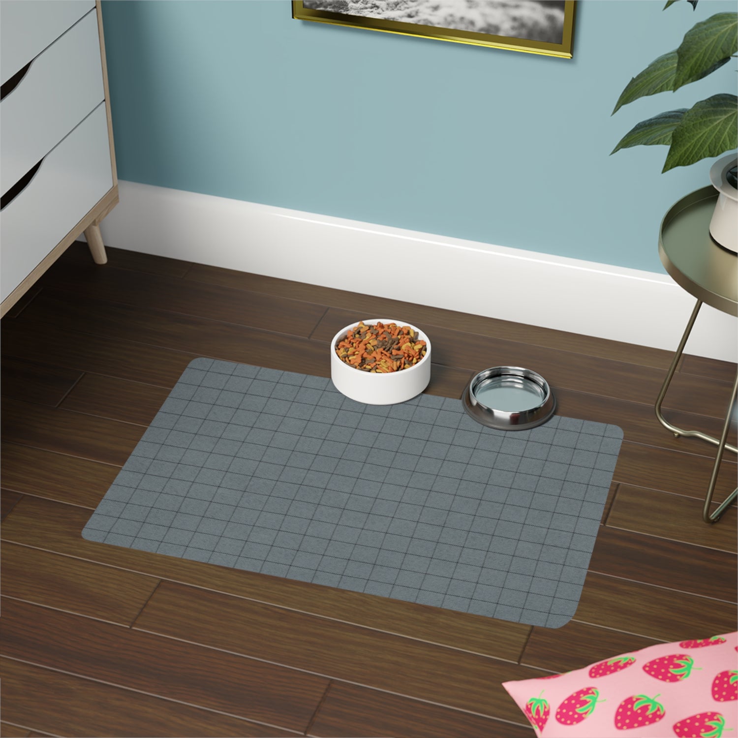 Pet Food Mat- Blue Black Grid Design