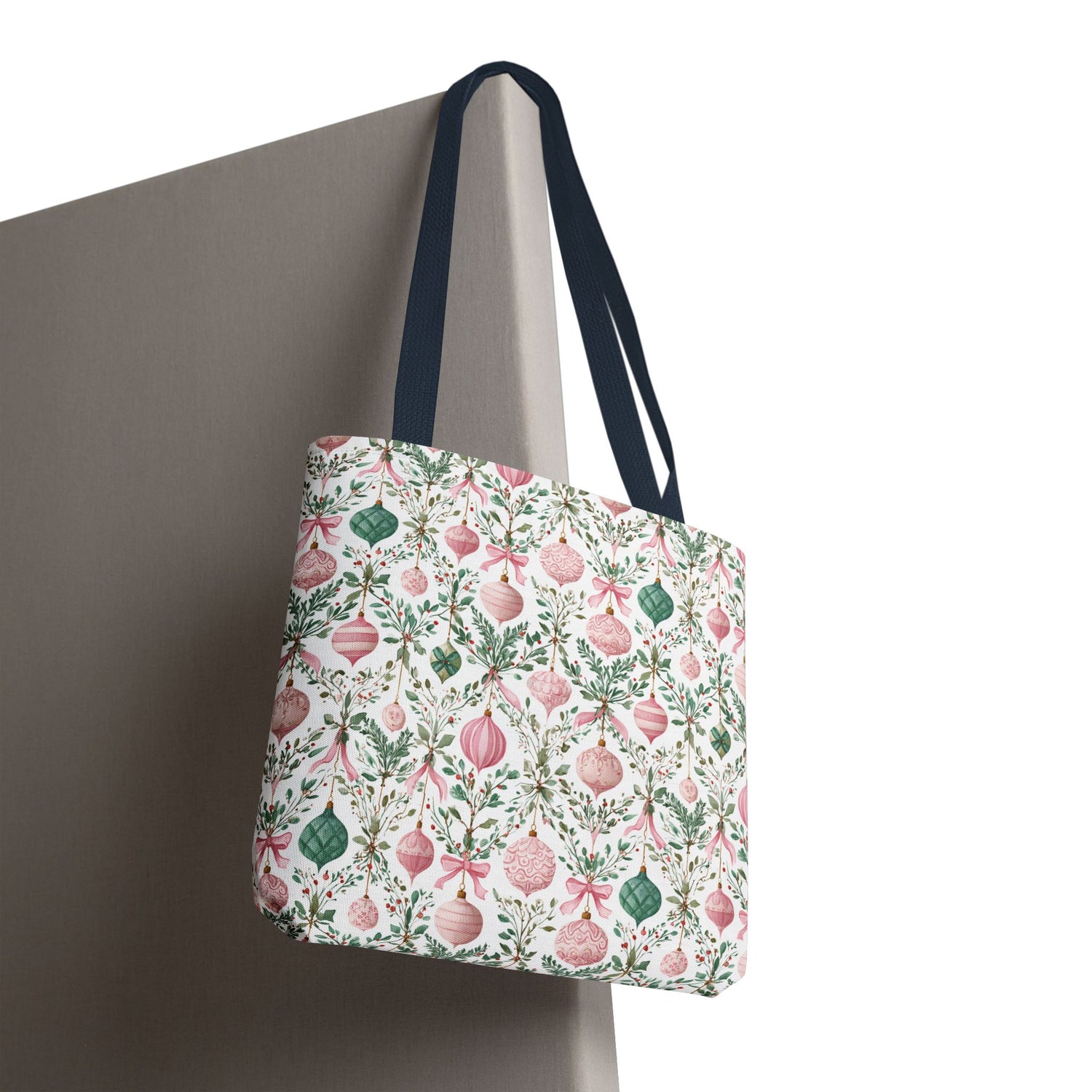 Festive Holiday Tote Bag- Pink Green Ornaments