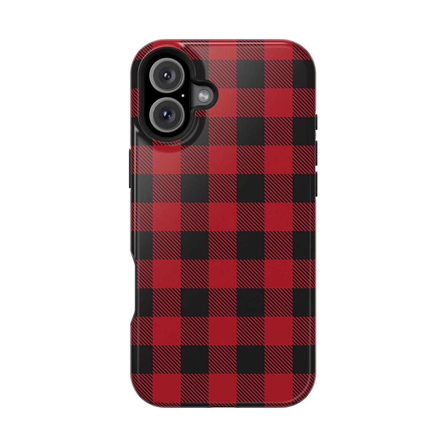 A red and black checkered phone case with a camera module on the back.