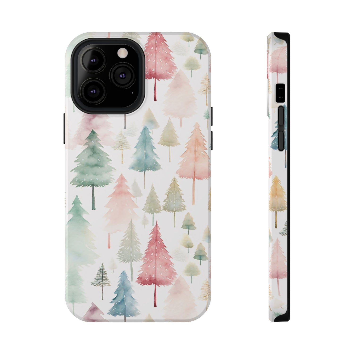 A phone case with a Christmas tree watercolor print, featuring a black plastic border and a wireless charging camera cut-out on the back.