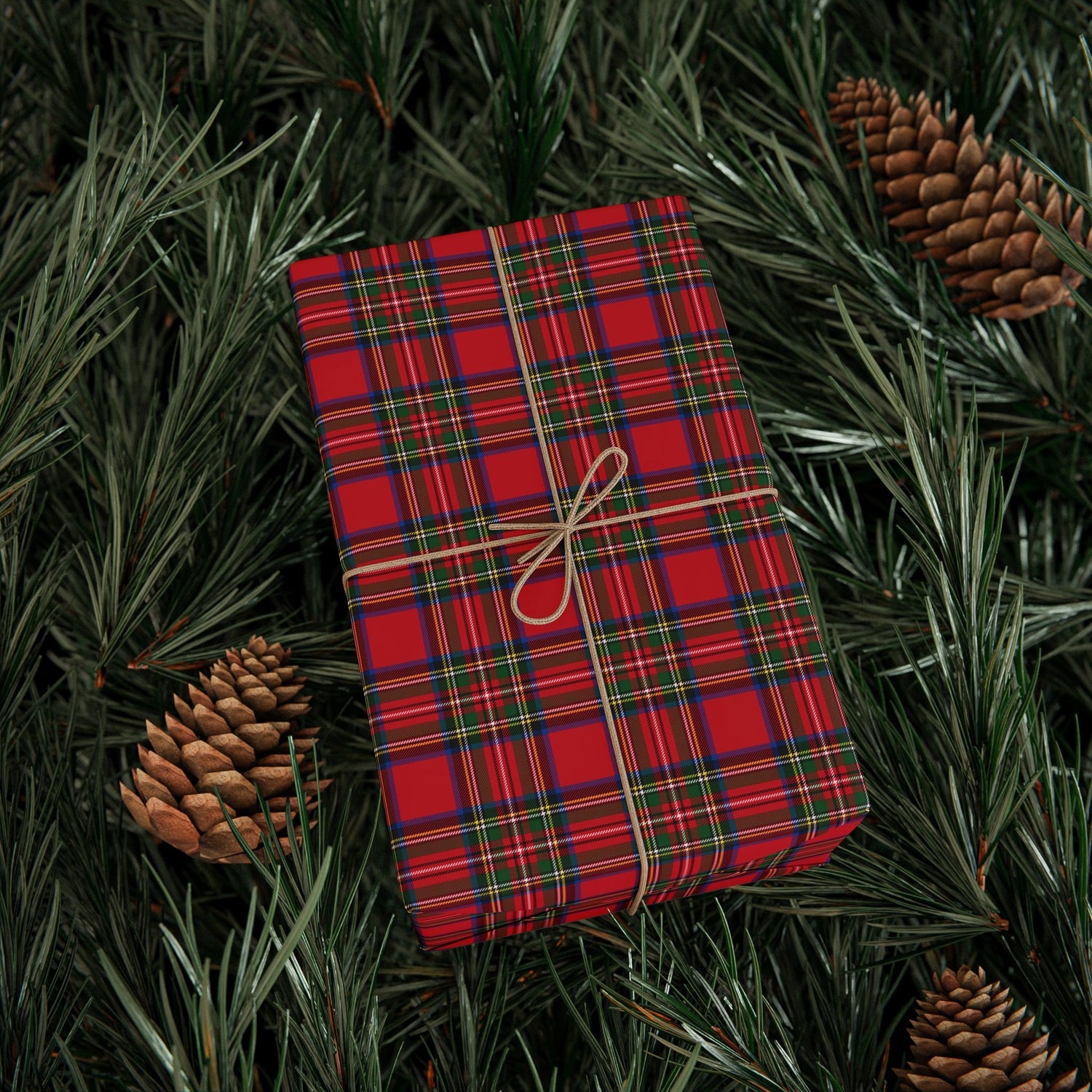Red plaid fabric with a string bow on green foliage with pine cones.