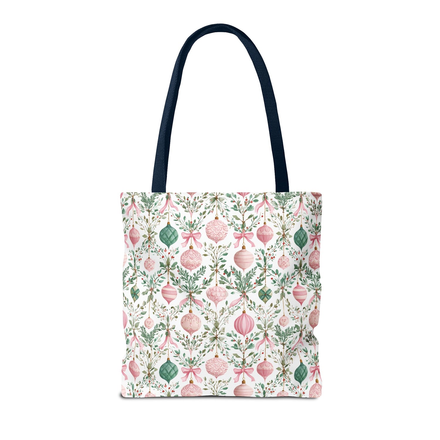 Festive Holiday Tote Bag- Pink Green Ornaments