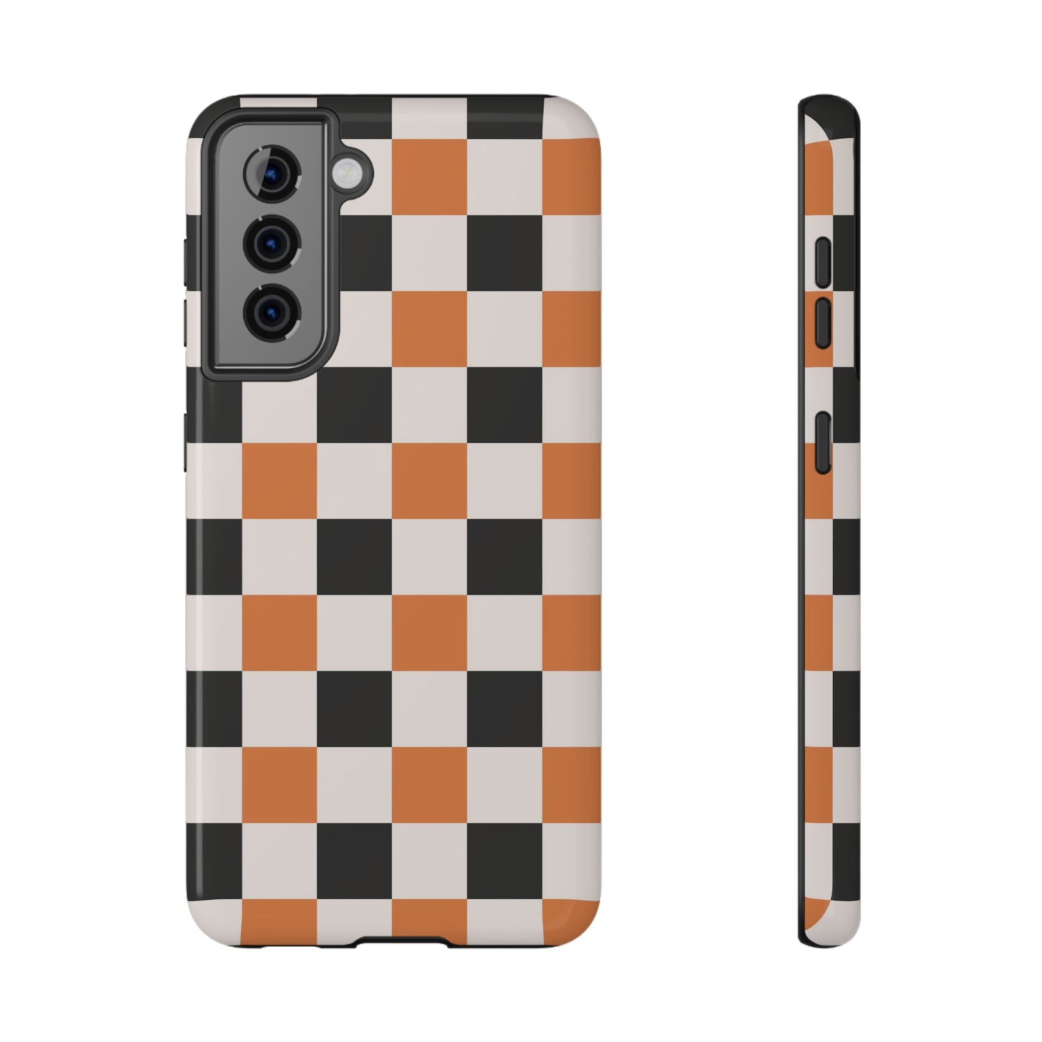 Phone case with a checkered pattern on a white background
