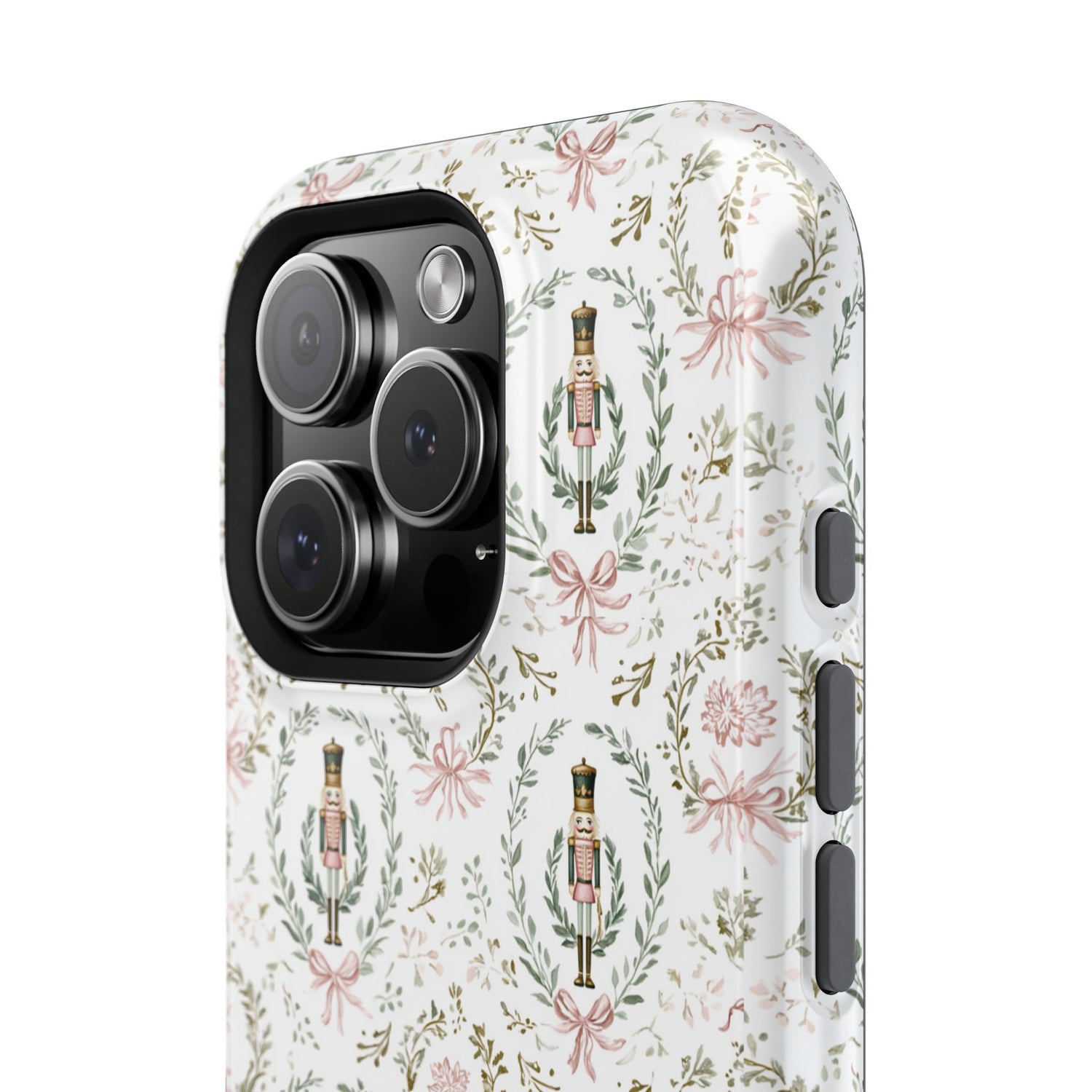 Phone case with floral and bow design on a white background