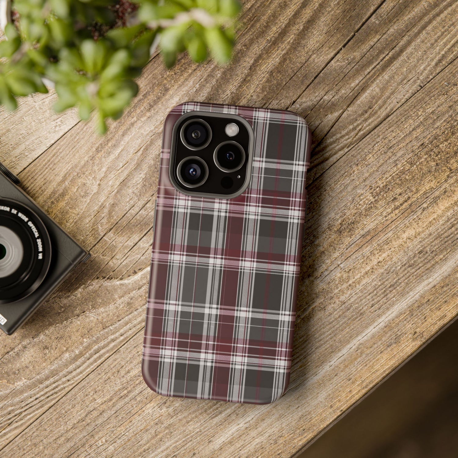 Stylish Plaid Impact-Resistant Phone Cases- Maroon Grey Plaid