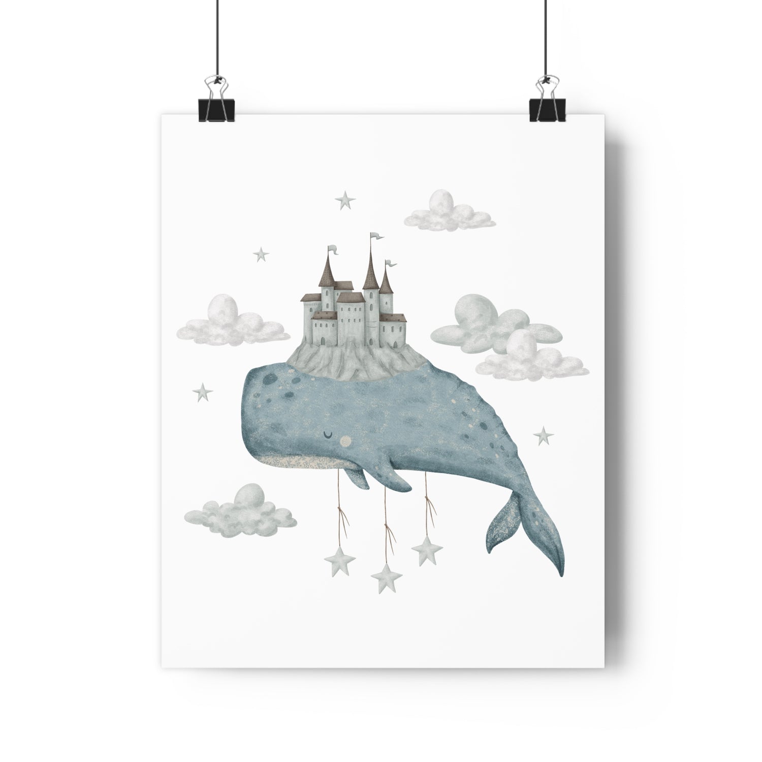 Giclée Art Print Watercolor Whales and Castles Blue Gray
