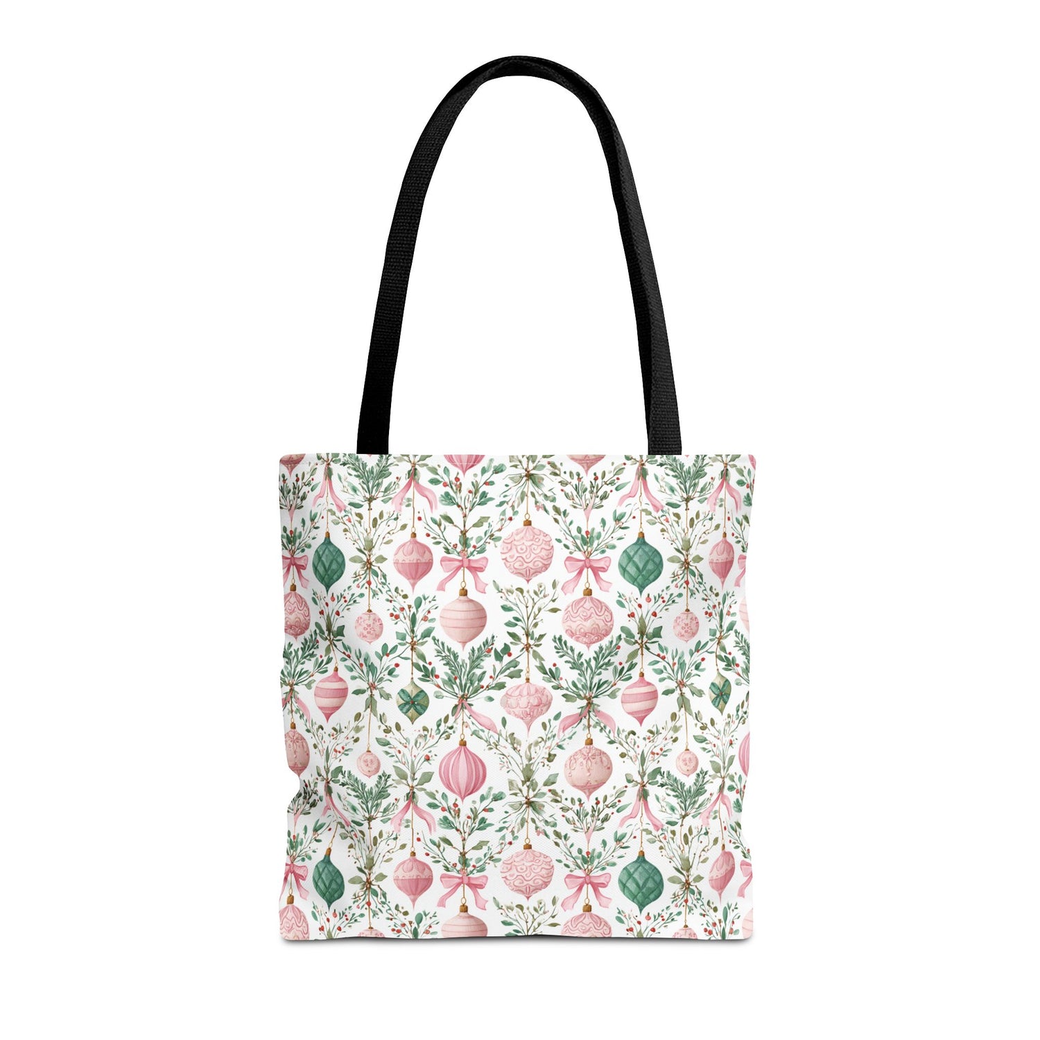 Tote bag with Christmas ornament pattern on a white background