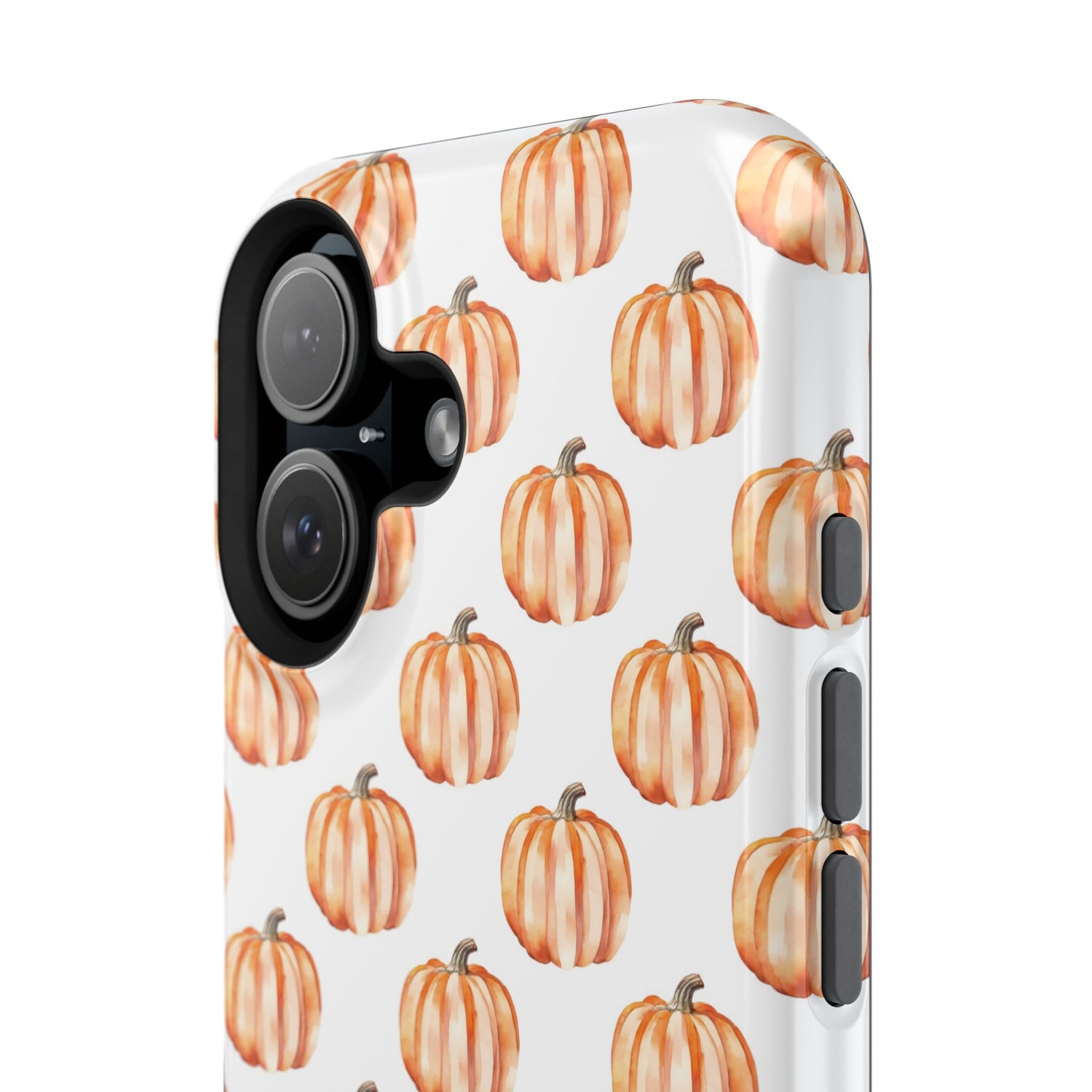 A phone case with a pattern of pumpkins on a white background, featuring a camera cutout and a black border at the top.