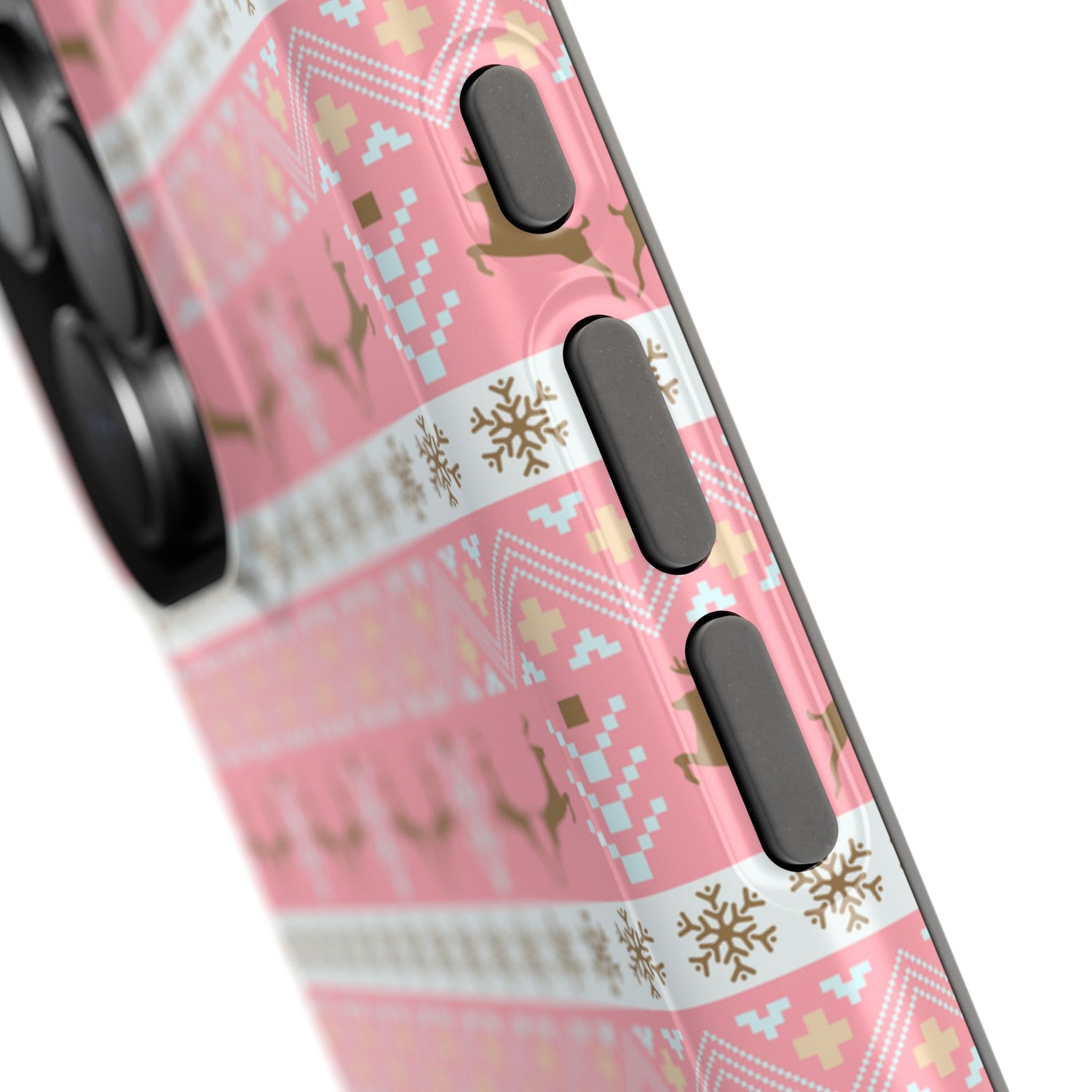 A pink Christmas-themed phone case with a pattern of deer antlers and stars, featuring a black removable TPU inner layer.